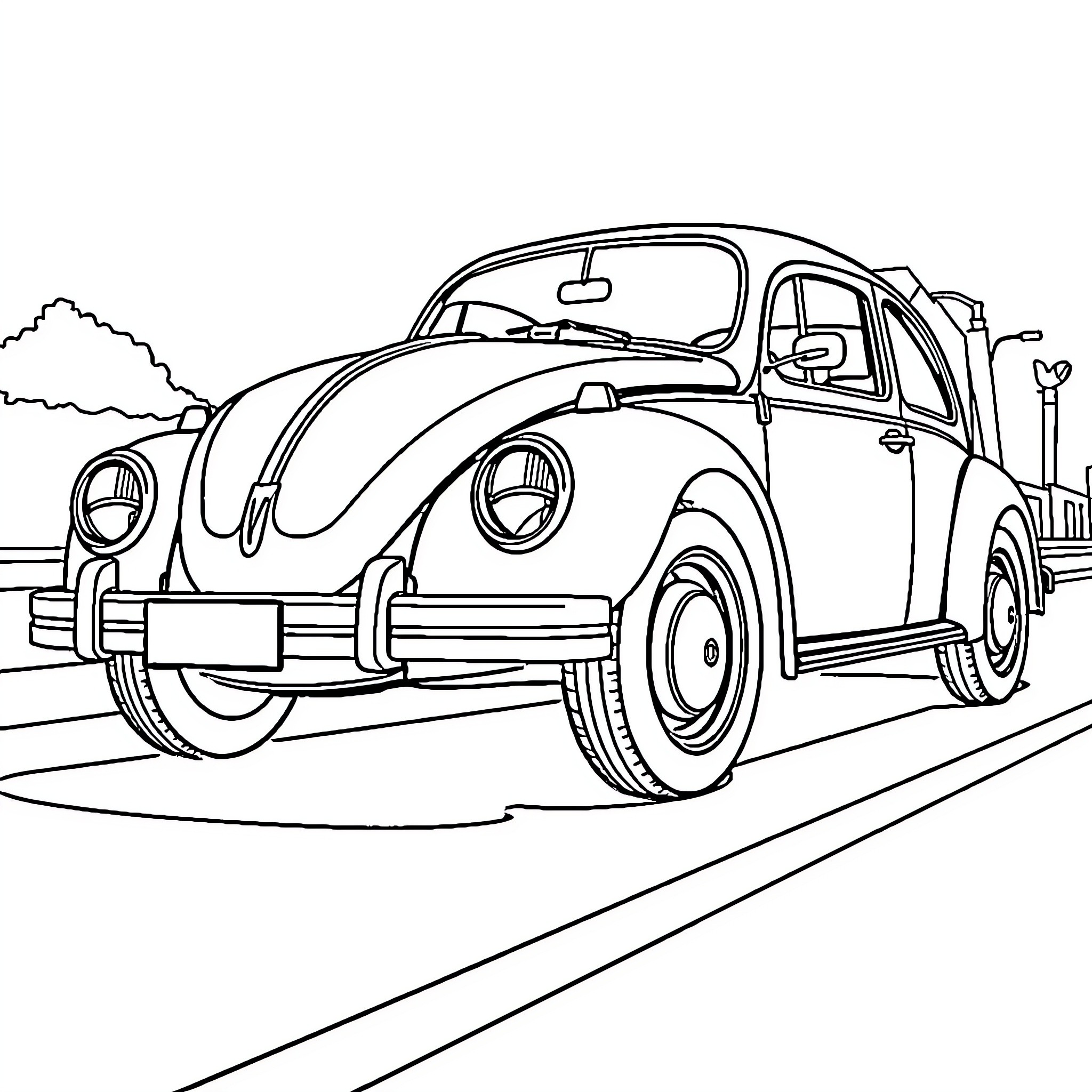 Volkswagen classic car on road Coloring Page (free black-and-white line drawing printable PDF for all, from beginners to advanced learners, including children, teens, adults, and seniors)