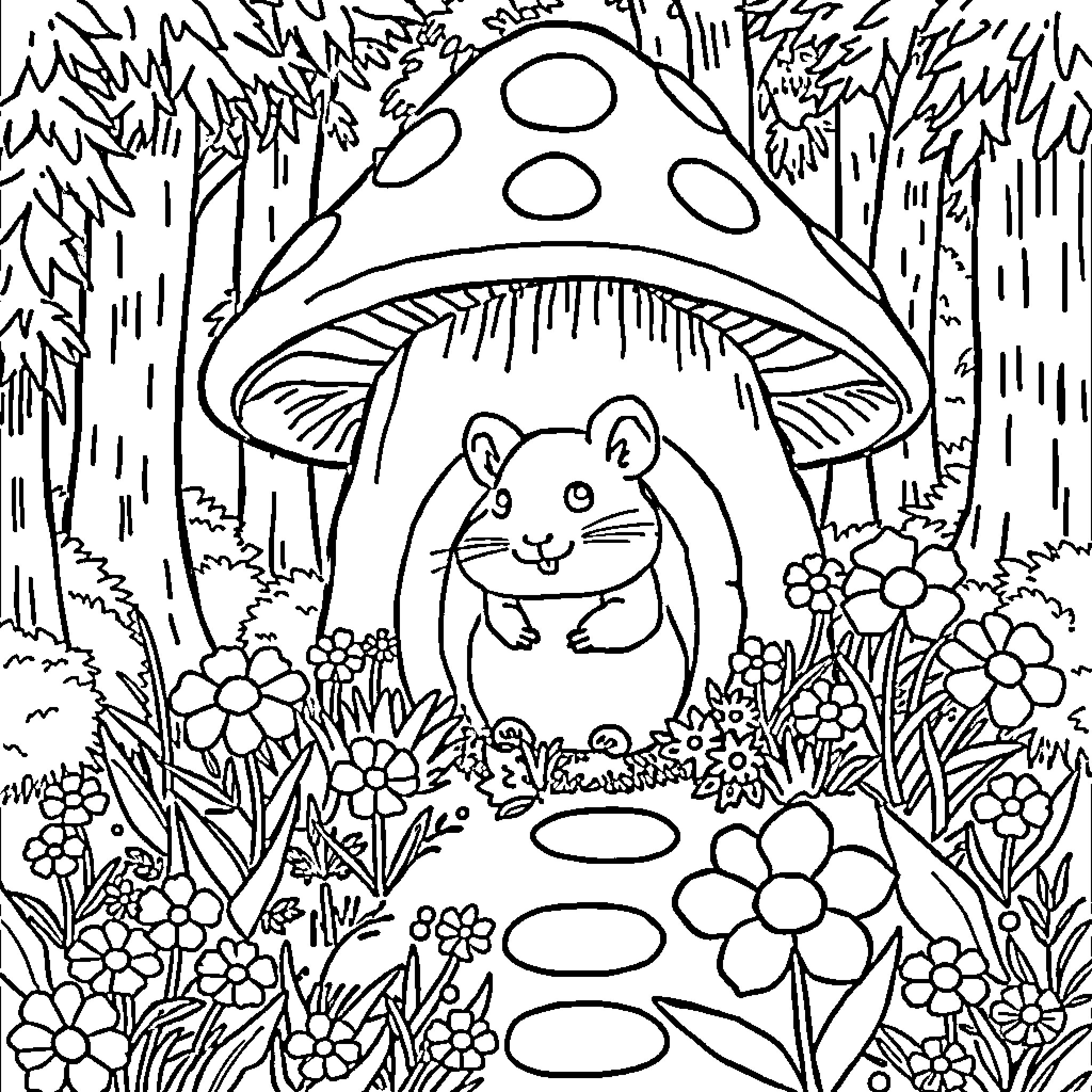 Hamster exploring the whimsical mushroom forest Coloring Page (free black-and-white line drawing printable PDF for all, from beginners to advanced learners, including children, teens, adults, and seniors)