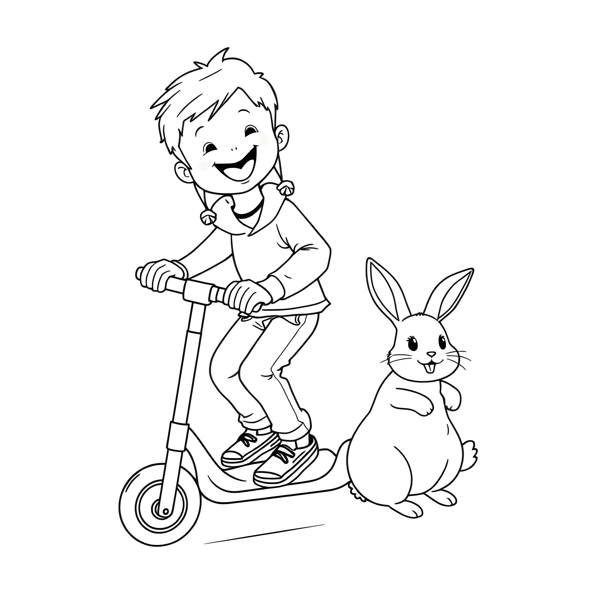 Bunny and boy riding scooter together Coloring Page (free black-and-white line drawing printable PDF for all, from beginners to advanced learners, including children, teens, adults, and seniors)