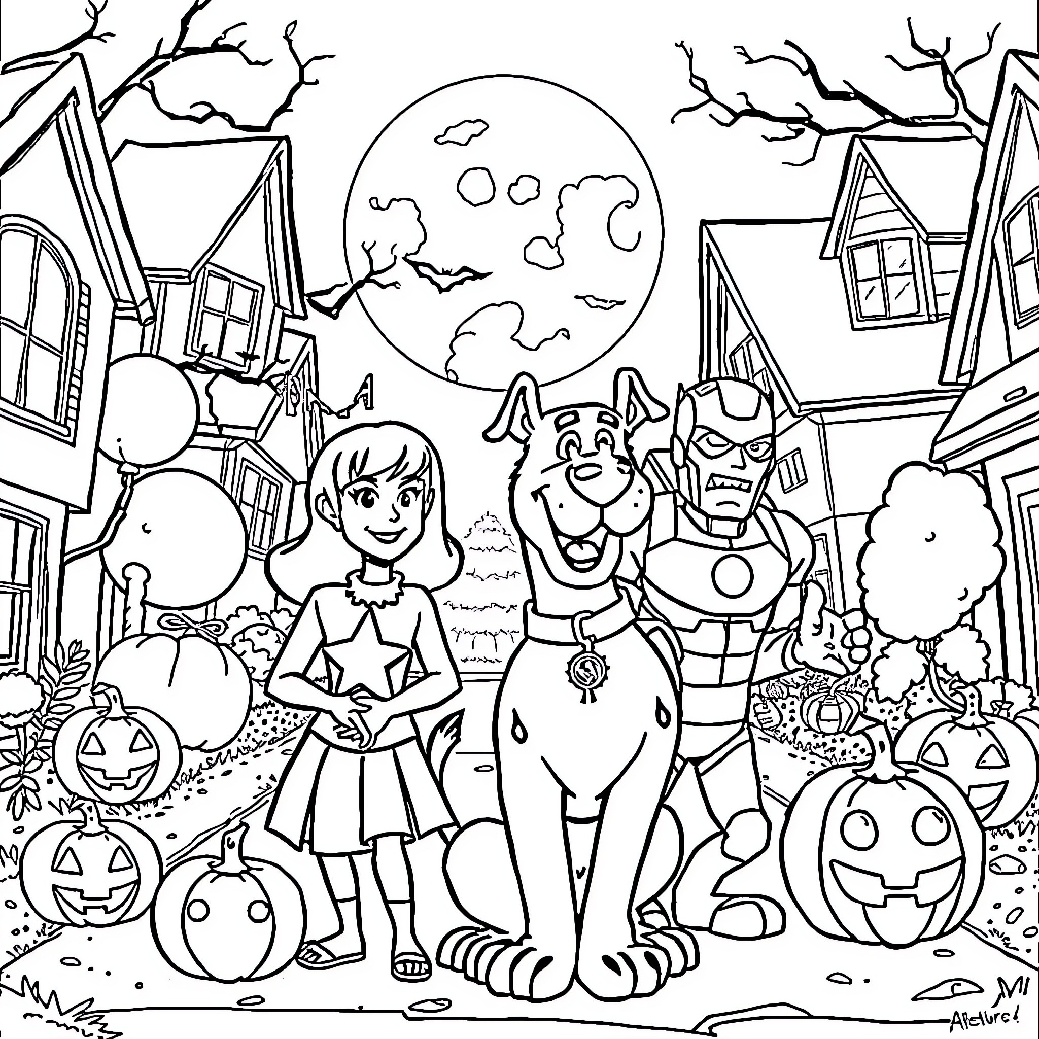 Scooby Doo and friends in a spooky Halloween scene Coloring Page (free black-and-white line drawing printable PDF for all, from beginners to advanced learners, including children, teens, adults, and seniors)