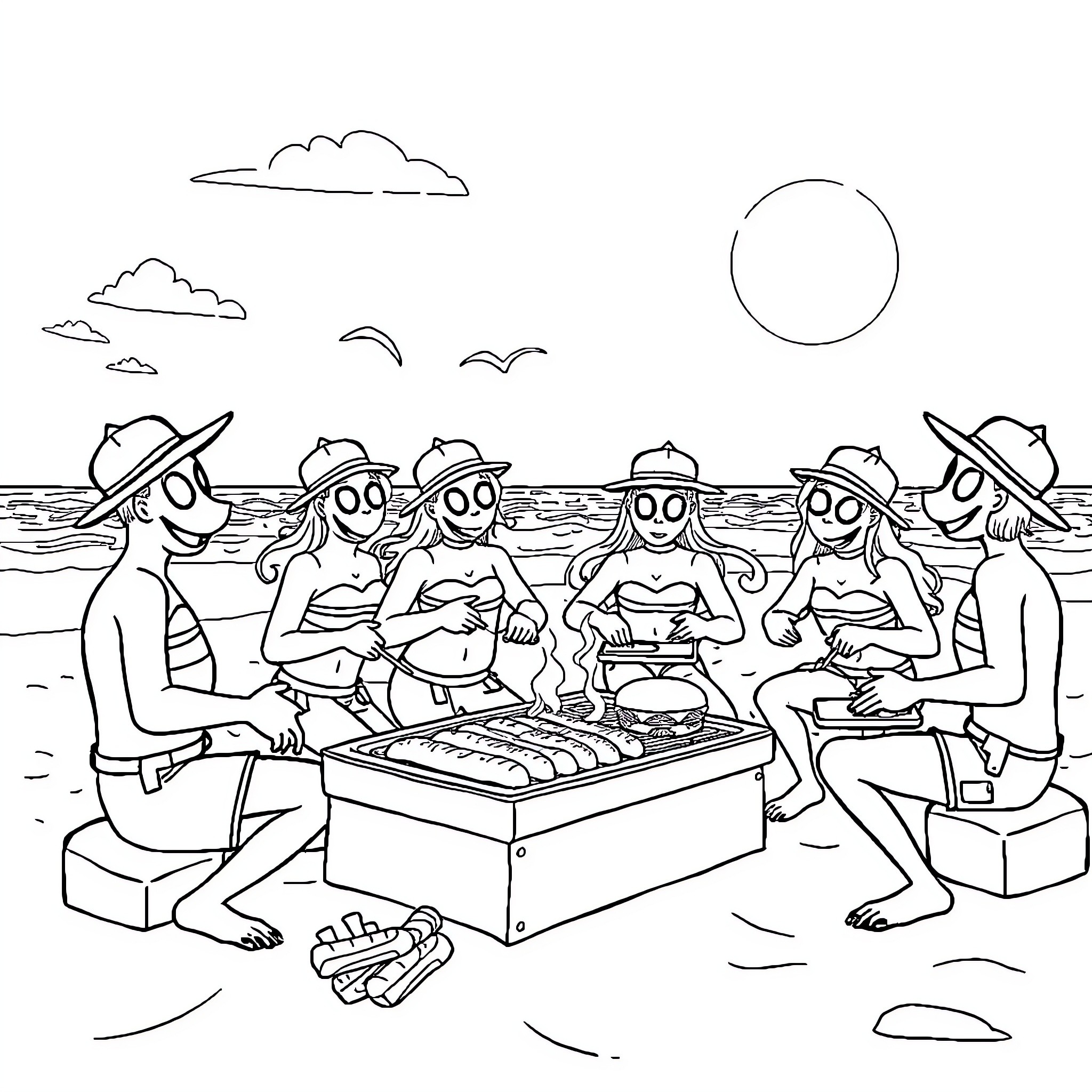 Paw Patrol friends enjoy a beach picnic Coloring Page (free black-and-white line drawing printable PDF for all, from beginners to advanced learners, including children, teens, adults, and seniors)
