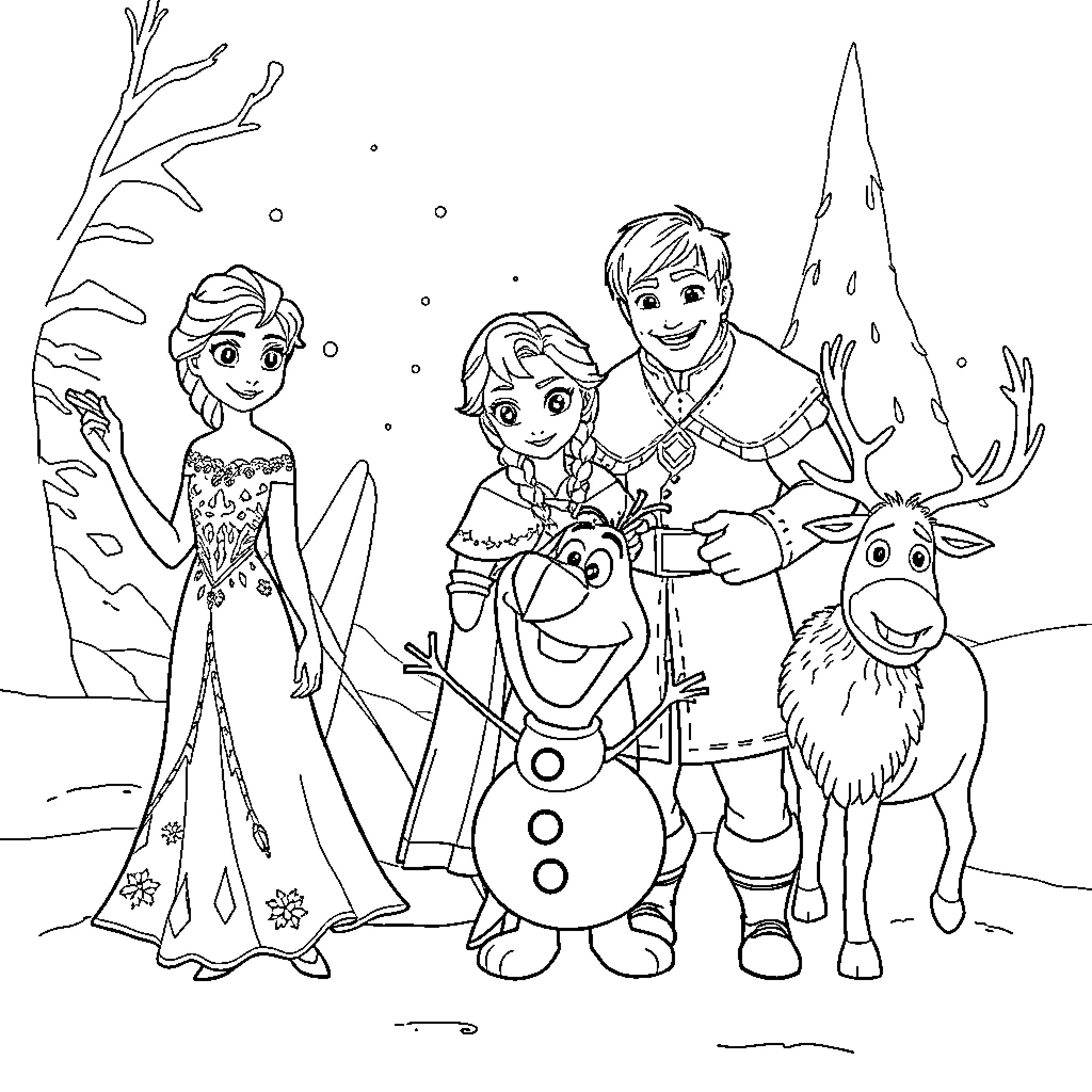 Frozen Characters in Winter Adventure Coloring Page (free black-and-white line drawing printable PDF for all, from beginners to advanced learners, including children, teens, adults, and seniors)