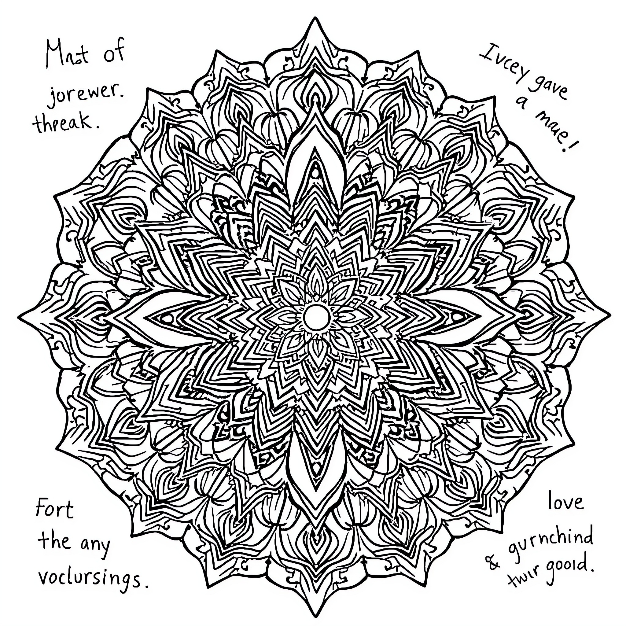 Mandala of Intricate Patterns and Inspirational Quotes Coloring Page (free black-and-white line drawing printable PDF for all, from beginners to advanced learners, including children, teens, adults, and seniors)