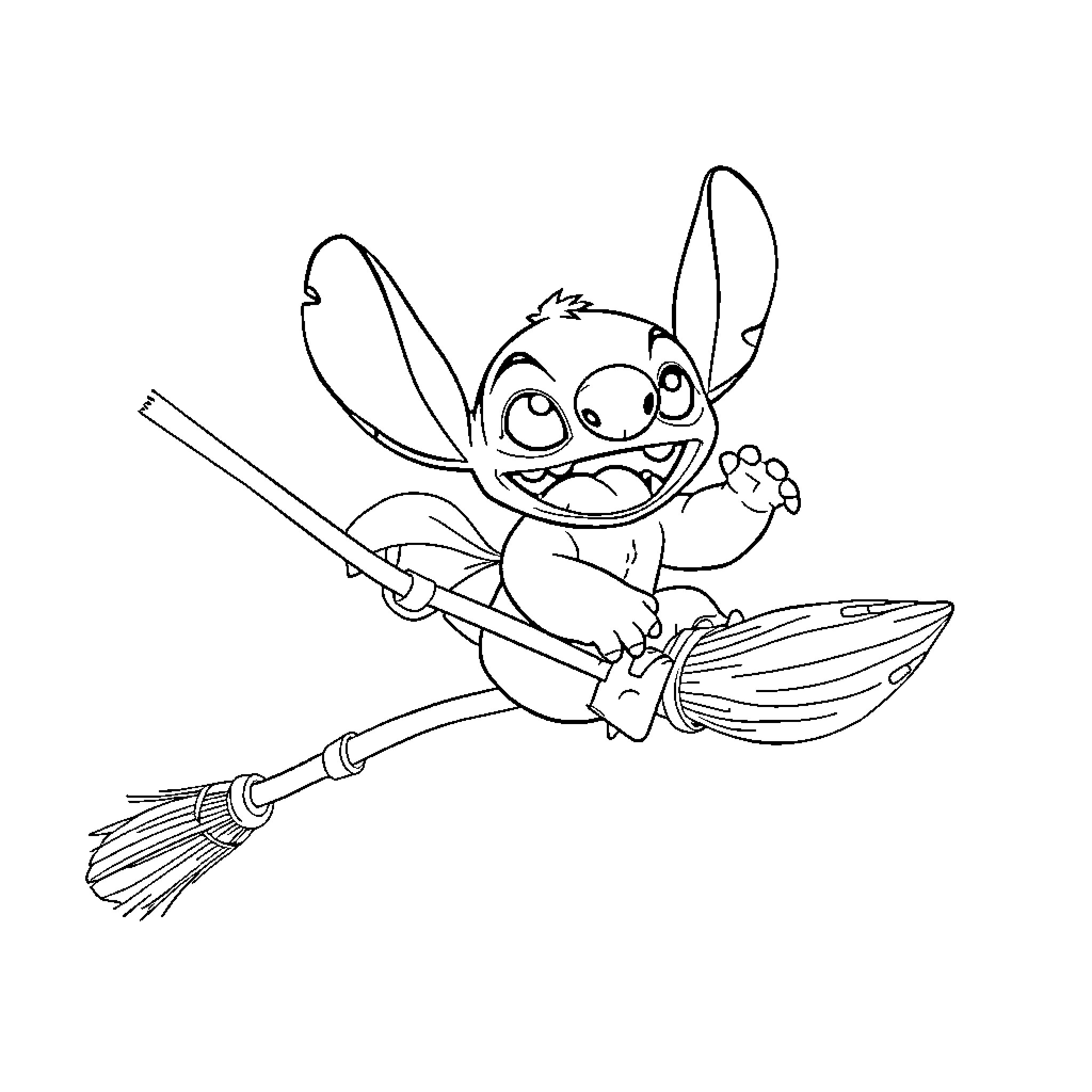 Stitch riding a broomstick with excitement Coloring Page (free black-and-white line drawing printable PDF for all, from beginners to advanced learners, including children, teens, adults, and seniors)