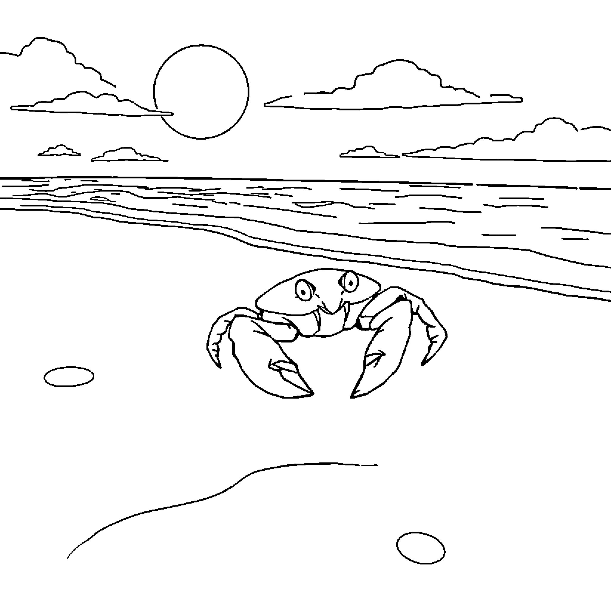 Crab exploring the beach at sunset Coloring Page (free black-and-white line drawing printable PDF for all, from beginners to advanced learners, including children, teens, adults, and seniors)