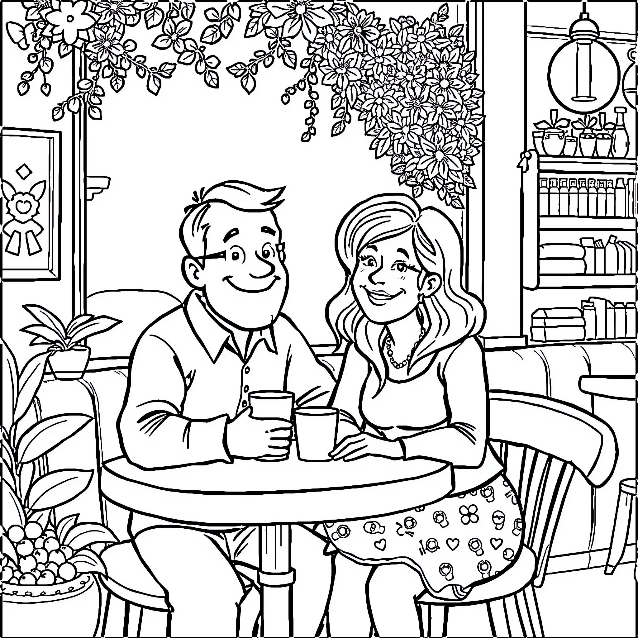 Bob and Linda's Cozy Cafe Conversation Coloring Page (free black-and-white line drawing printable PDF for all, from beginners to advanced learners, including children, teens, adults, and seniors)