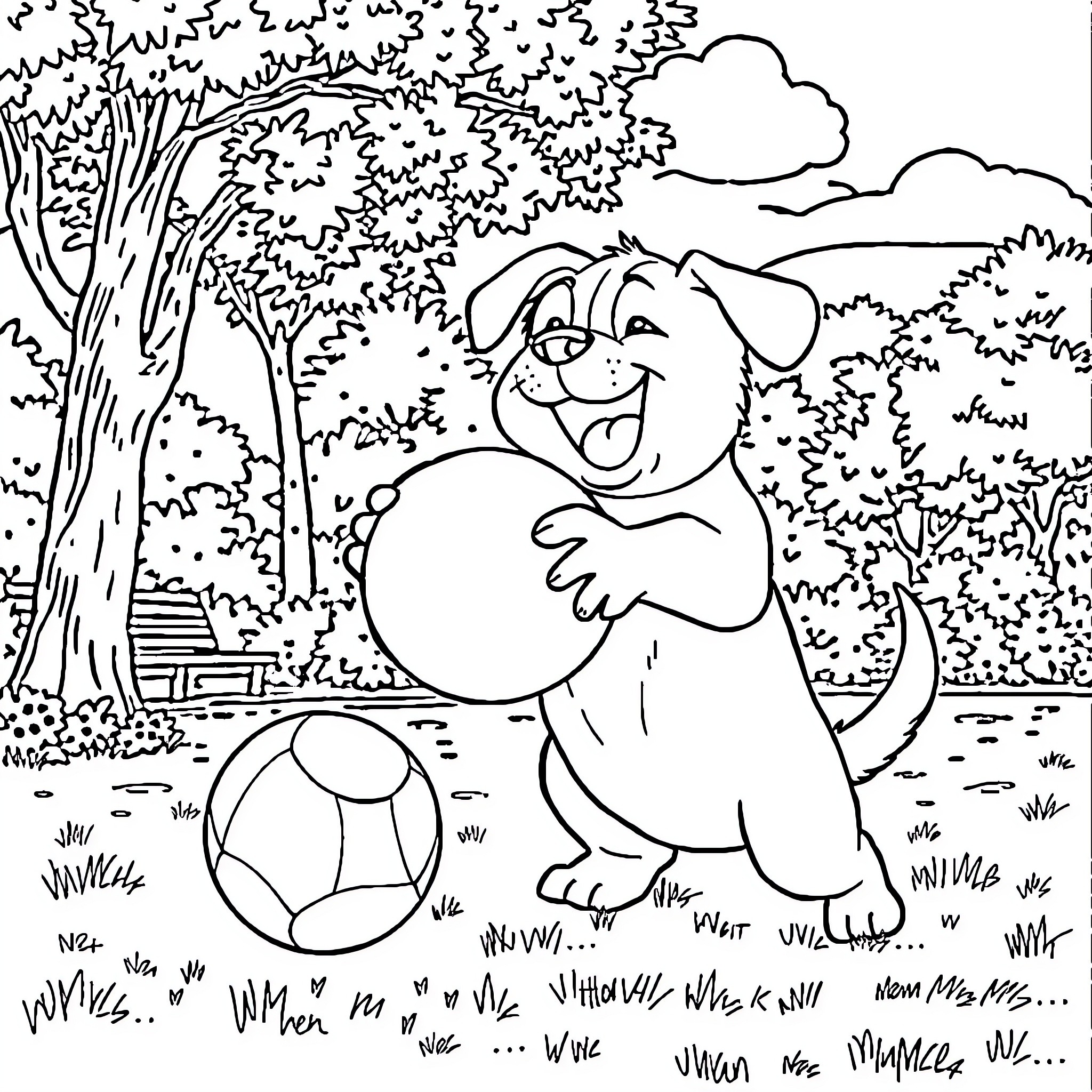 Ruben the playful pup in the park Coloring Page (free black-and-white line drawing printable PDF for all, from beginners to advanced learners, including children, teens, adults, and seniors)