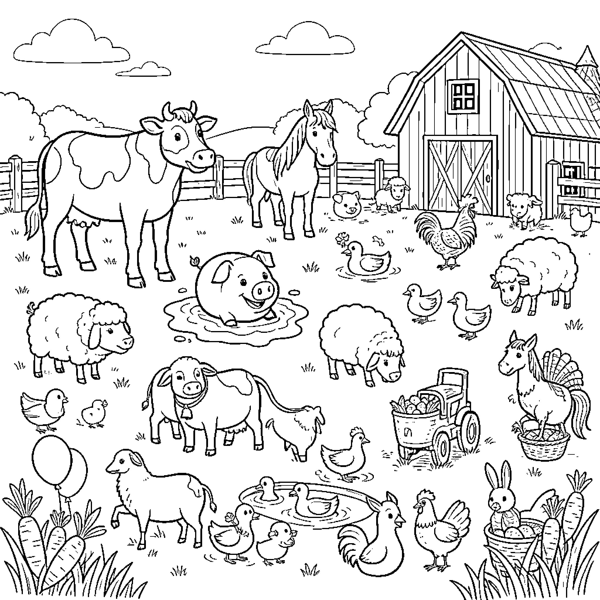 Farm Animal gathering together in a lively countryside scene Coloring Page (free black-and-white line drawing printable PDF for all, from beginners to advanced learners, including children, teens, adults, and seniors)