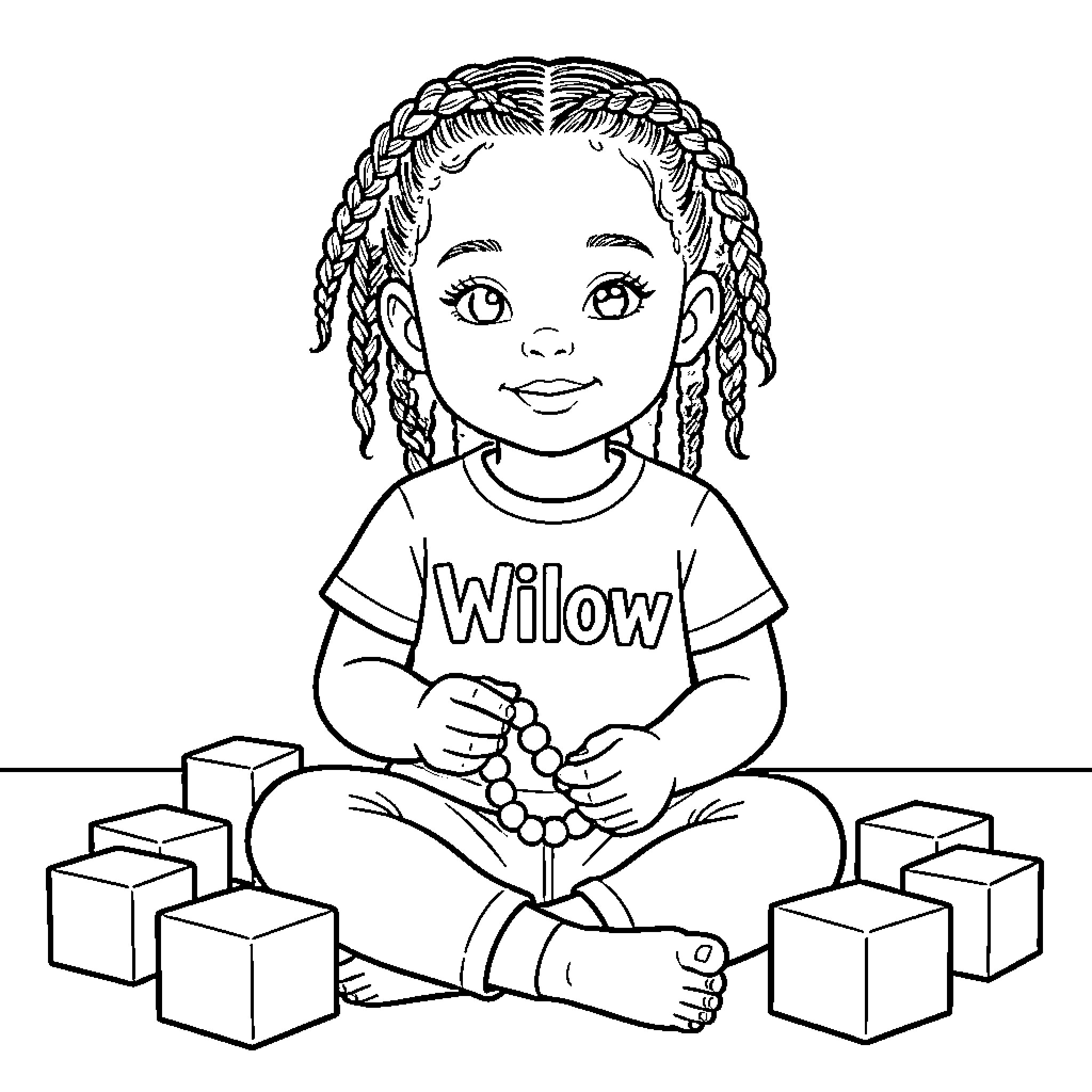 Toddler playing with beads and blocks on the floor Coloring Page (free black-and-white line drawing printable PDF for all, from beginners to advanced learners, including children, teens, adults, and seniors)