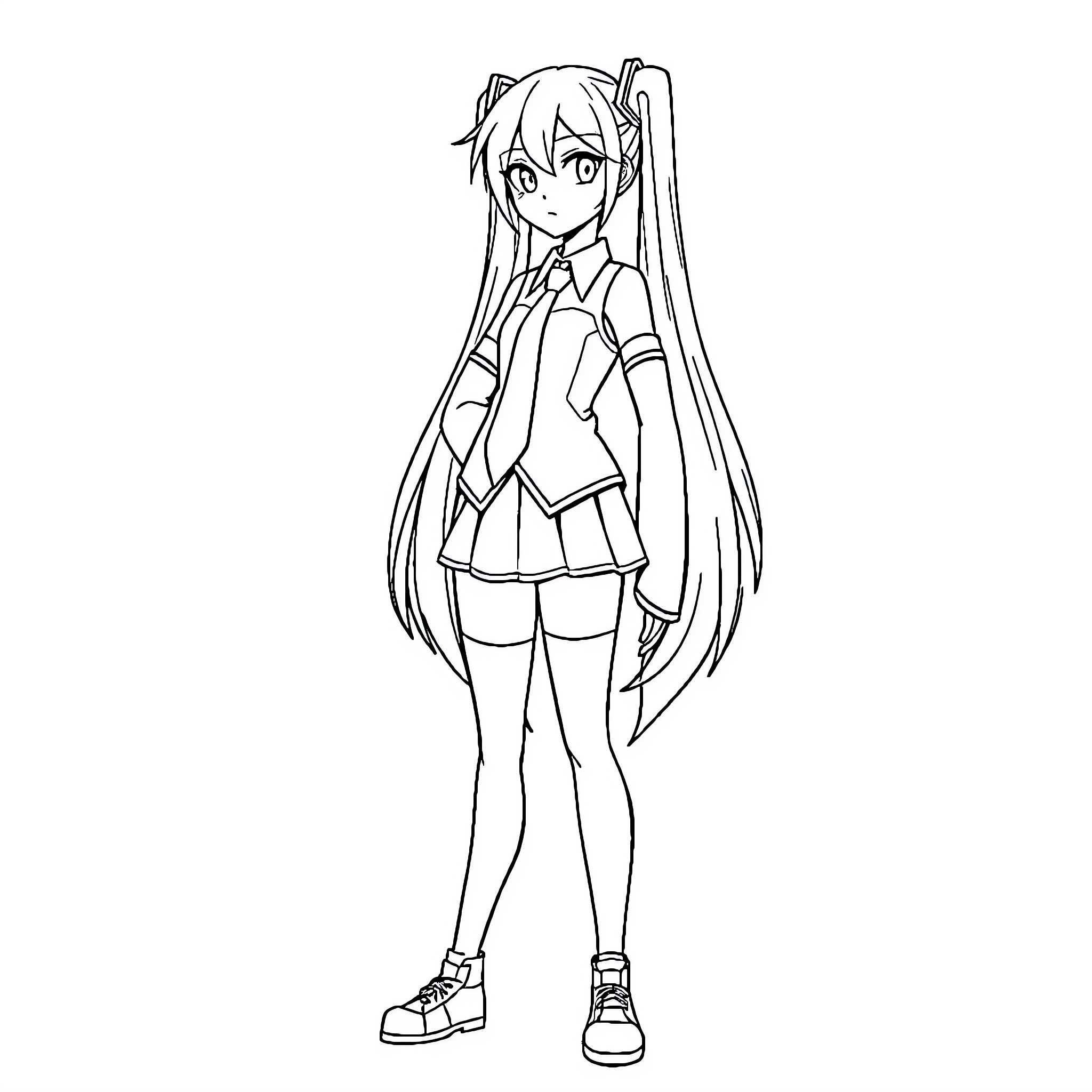 Miku in anime-style outfit with pigtails Coloring Page (free black-and-white line drawing printable PDF for all, from beginners to advanced learners, including children, teens, adults, and seniors)