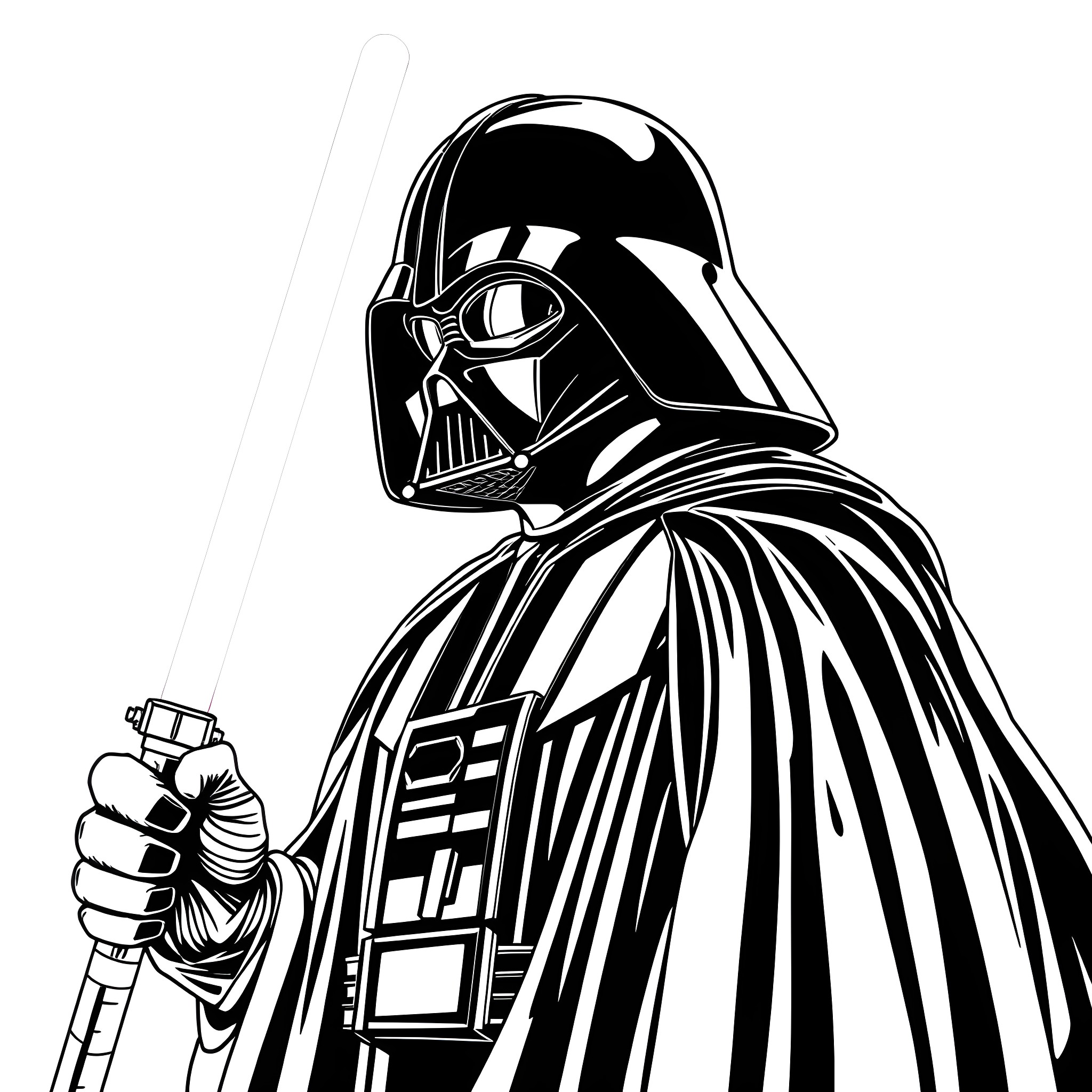 Darth Vader in menacing stance with lightsaber Coloring Page (free black-and-white line drawing printable PDF for all, from beginners to advanced learners, including children, teens, adults, and seniors)