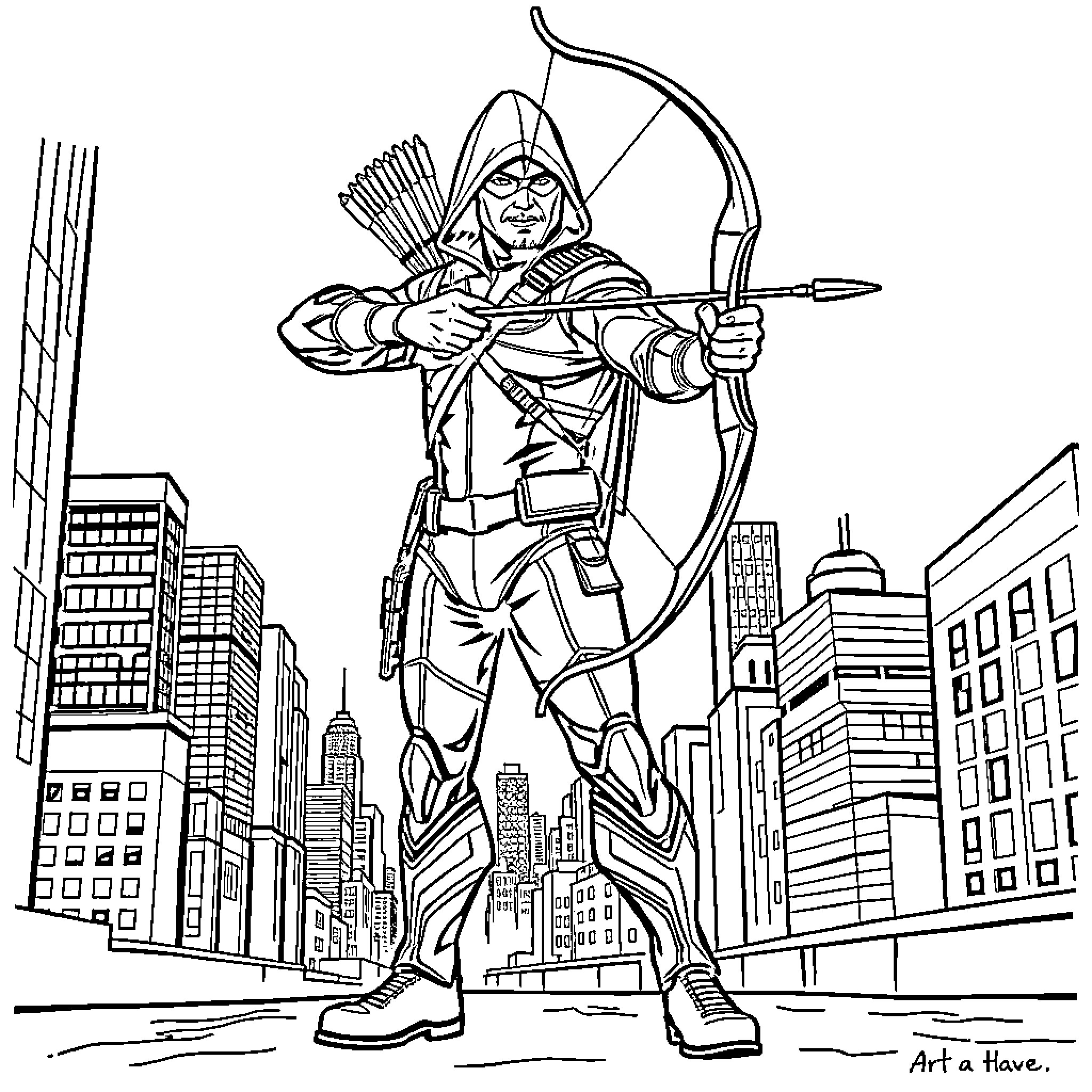 Green Arrow aiming bow in urban cityscape Coloring Page (free black-and-white line drawing printable PDF for all, from beginners to advanced learners, including children, teens, adults, and seniors)