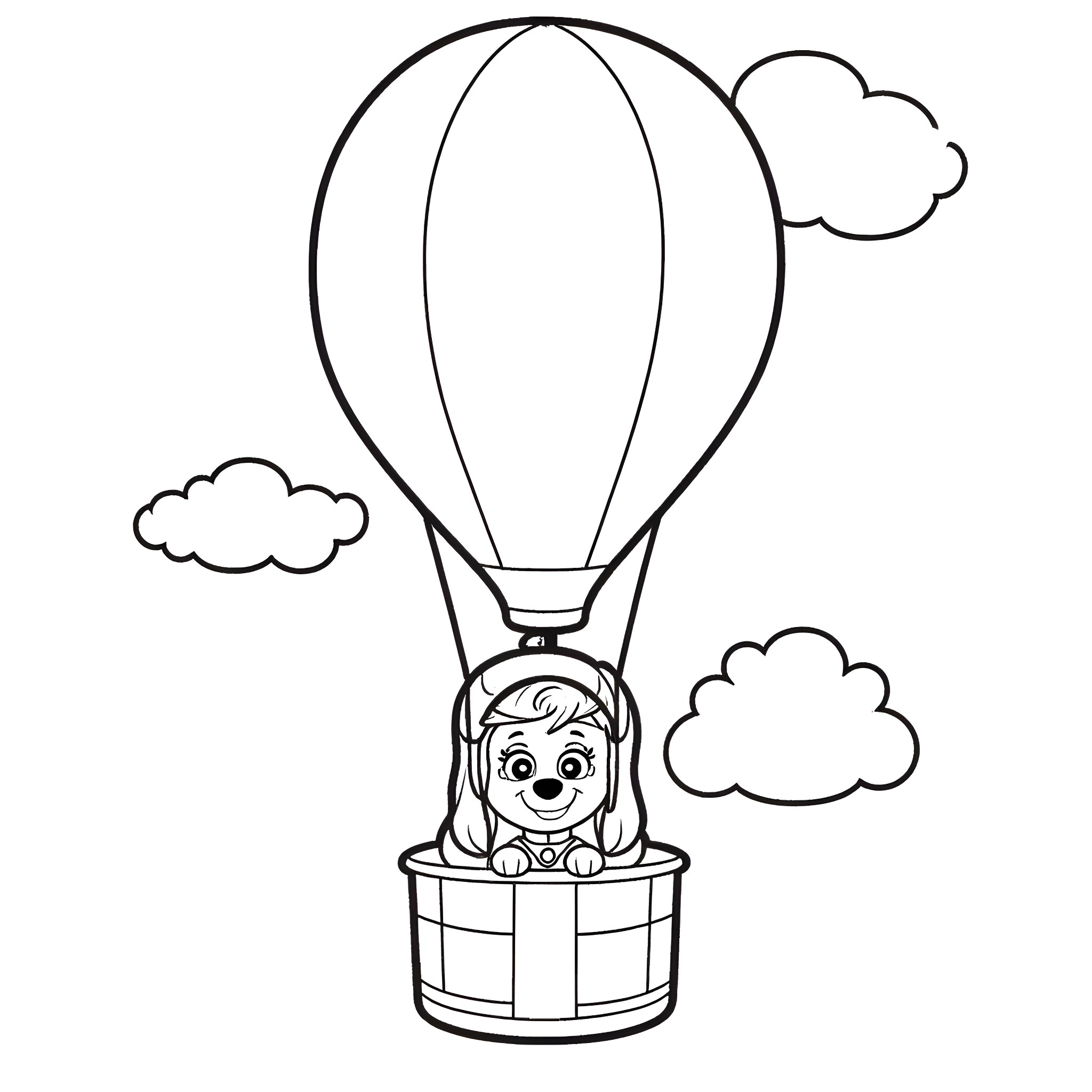 Skye soaring in a hot air balloon with clouds Coloring Page (free black-and-white line drawing printable PDF for all, from beginners to advanced learners, including children, teens, adults, and seniors)