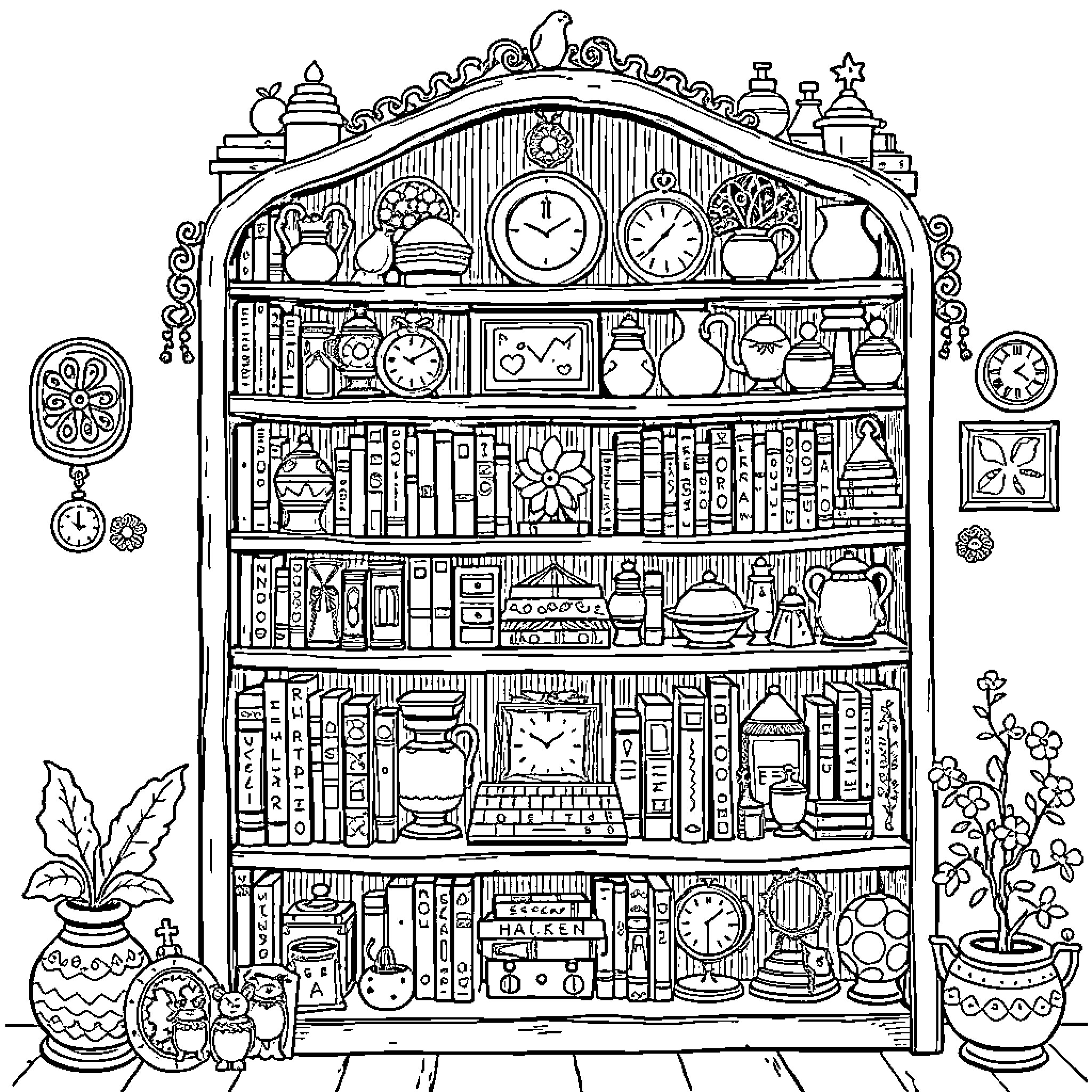 Bookshelf filled with whimsical and ornamental objects Coloring Page (free black-and-white line drawing printable PDF for all, from beginners to advanced learners, including children, teens, adults, and seniors)