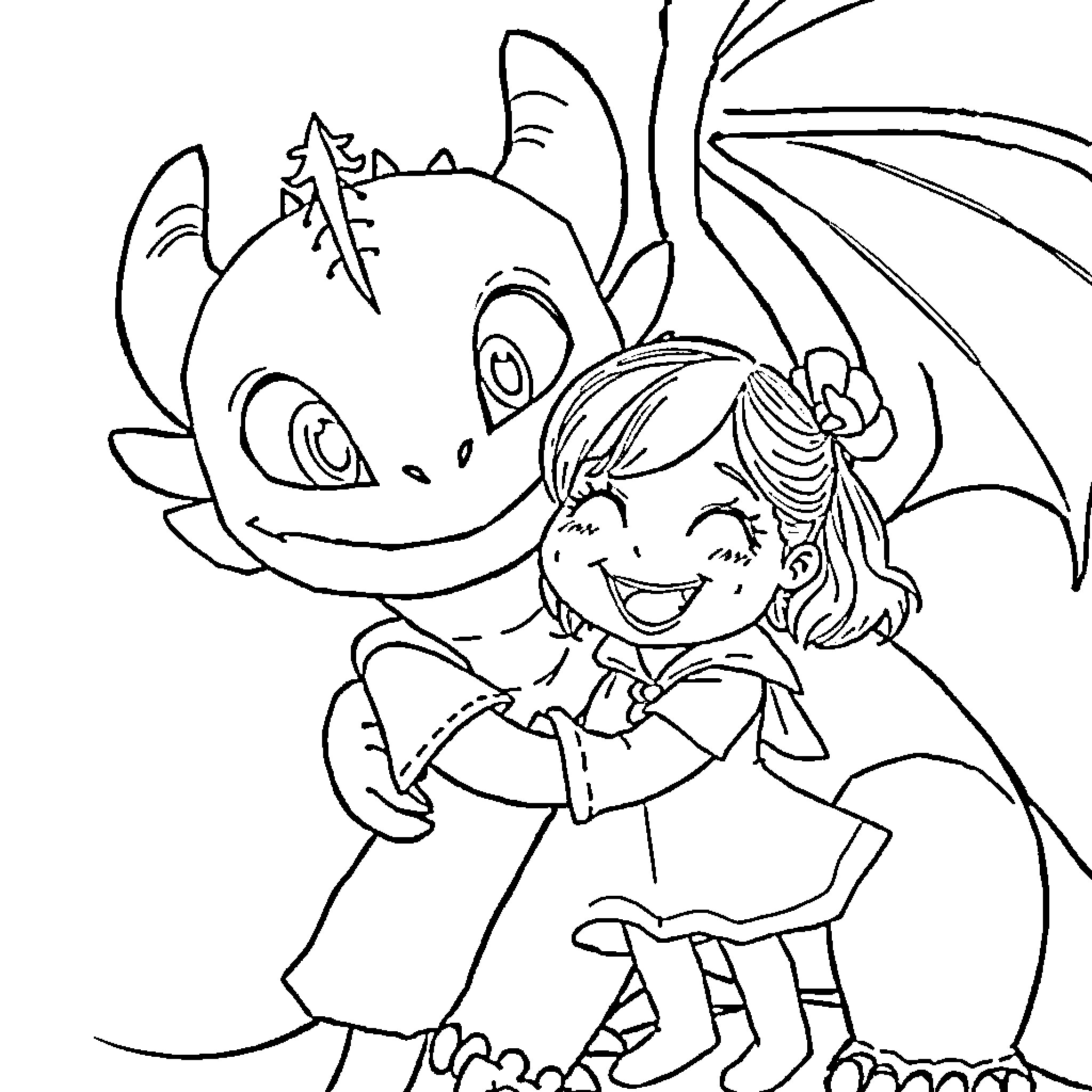 Toothless and young girl interacting playfully Coloring Page (free black-and-white line drawing printable PDF for all, from beginners to advanced learners, including children, teens, adults, and seniors)