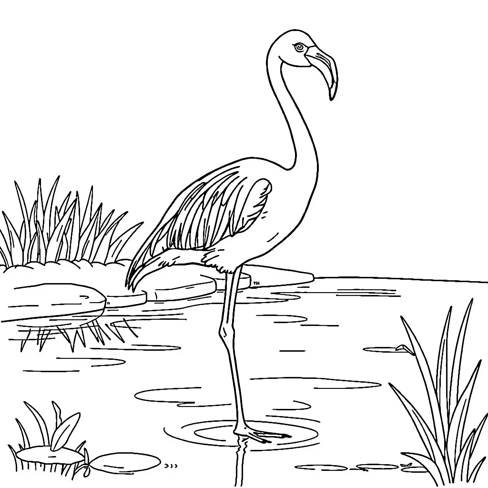 Flamingo standing in tranquil waters Coloring Page (free black-and-white line drawing printable PDF for all, from beginners to advanced learners, including children, teens, adults, and seniors)