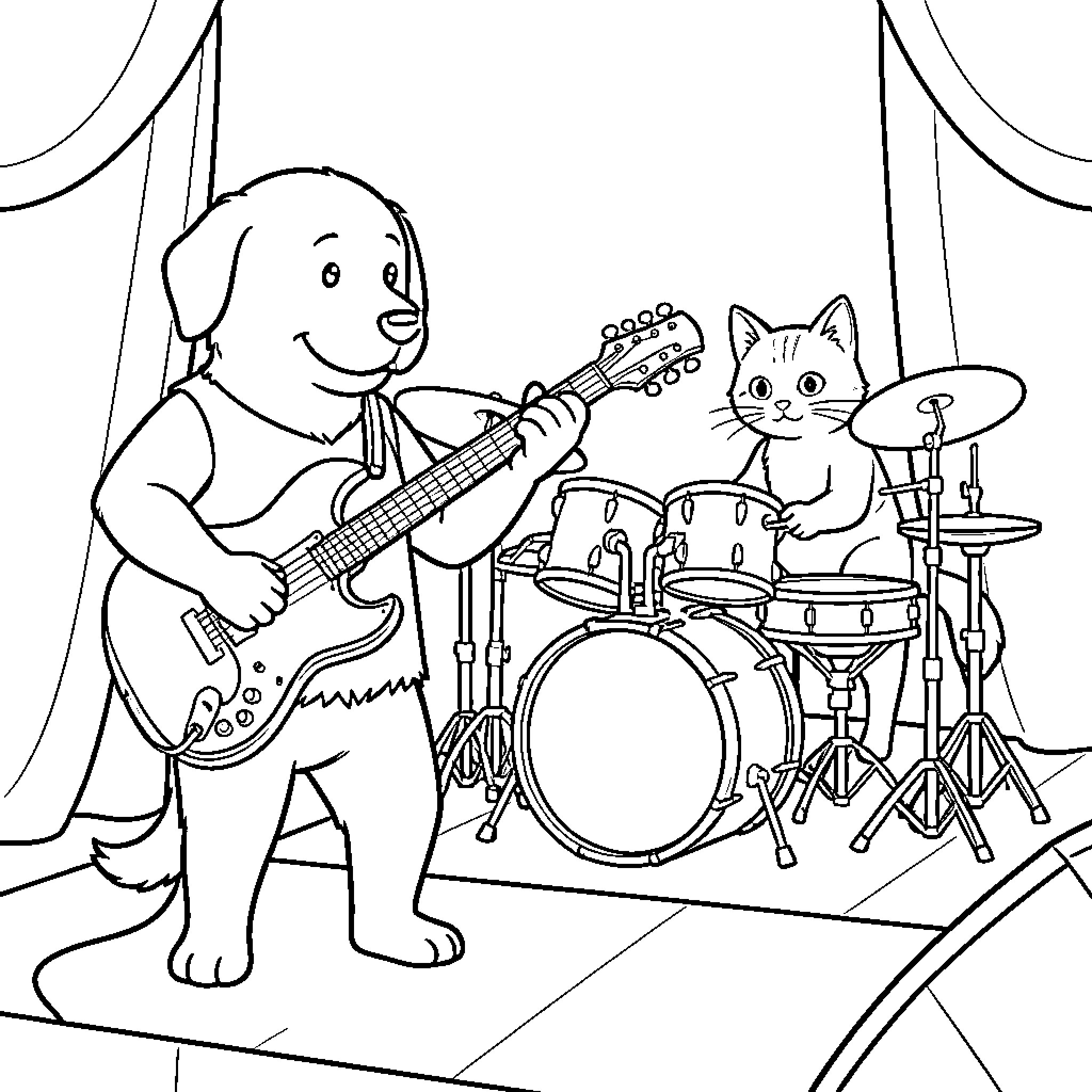 Dog playing electric guitar alongside a drummer cat Coloring Page (free black-and-white line drawing printable PDF for all, from beginners to advanced learners, including children, teens, adults, and seniors)