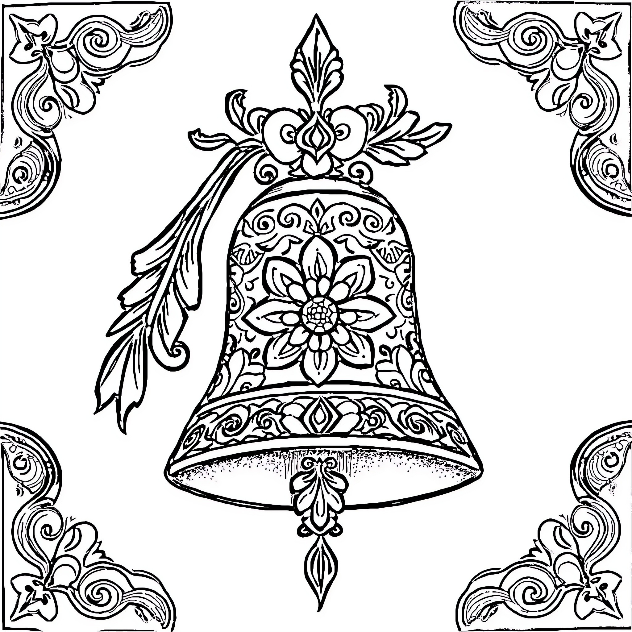 Bell with Ornate Floral Patterns and Swirls Coloring Page (free black-and-white line drawing printable PDF for all, from beginners to advanced learners, including children, teens, adults, and seniors)