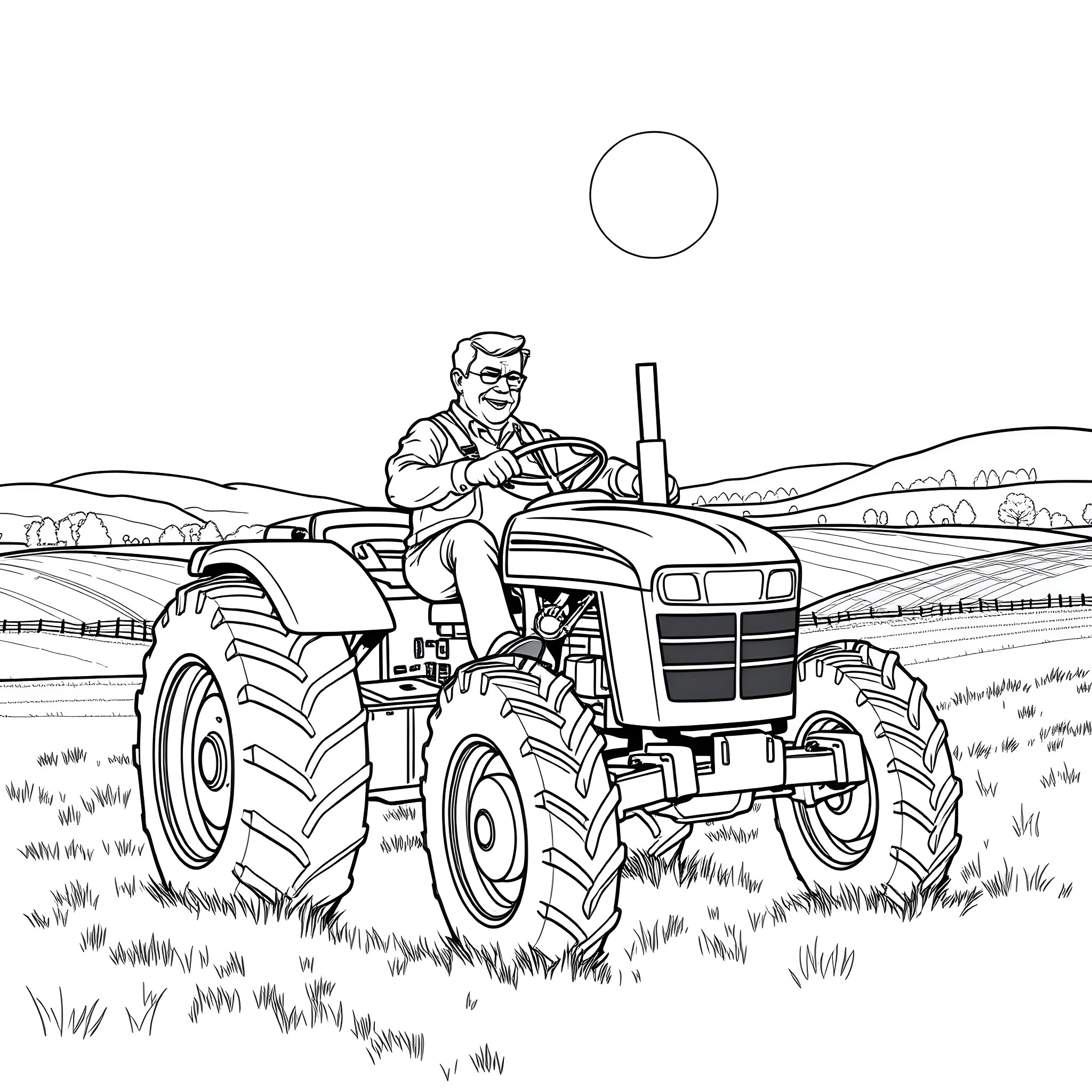 Tractor farmer working in the field Coloring Page (free black-and-white line drawing printable PDF for all, from beginners to advanced learners, including children, teens, adults, and seniors)