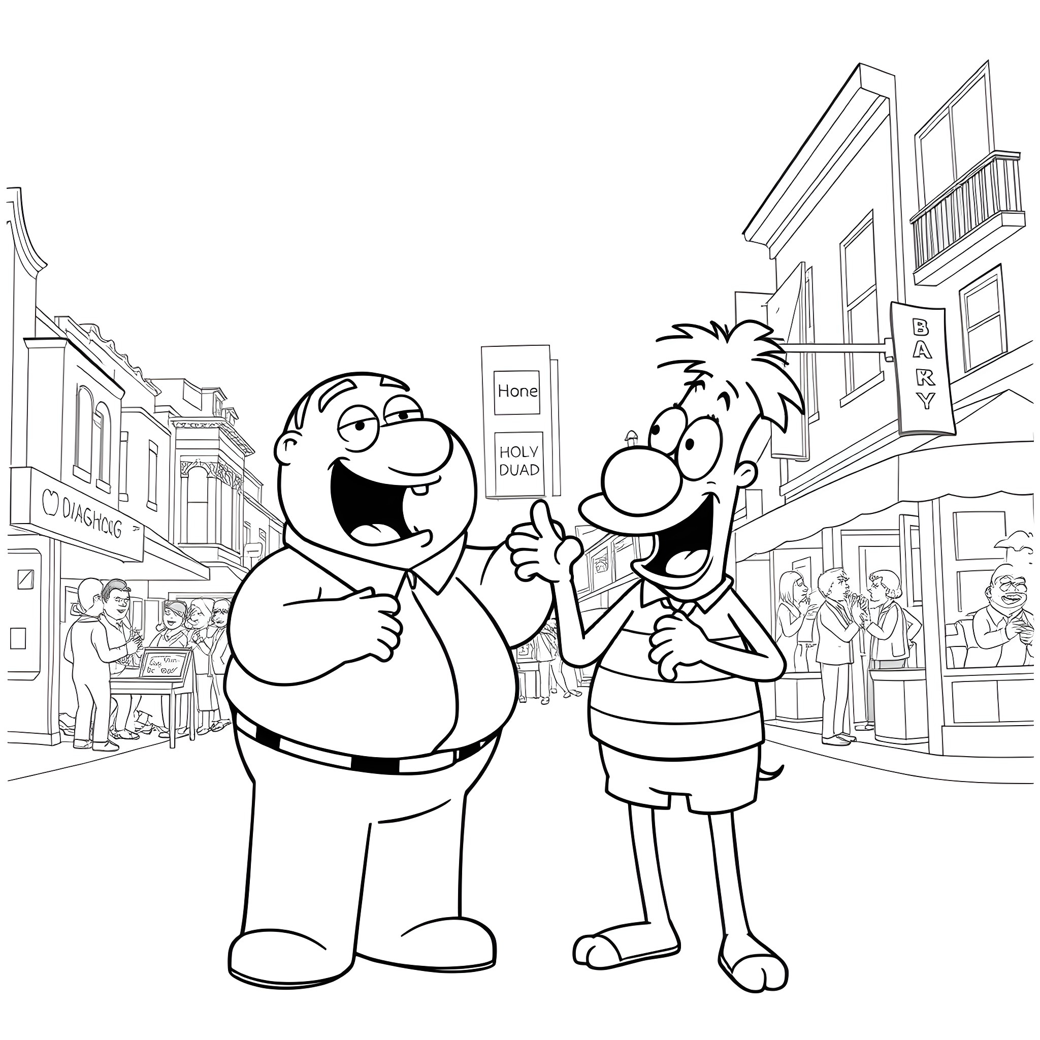 Louis Griffin and Quagmire in a Lively City Street Coloring Page (free black-and-white line drawing printable PDF for all, from beginners to advanced learners, including children, teens, adults, and seniors)