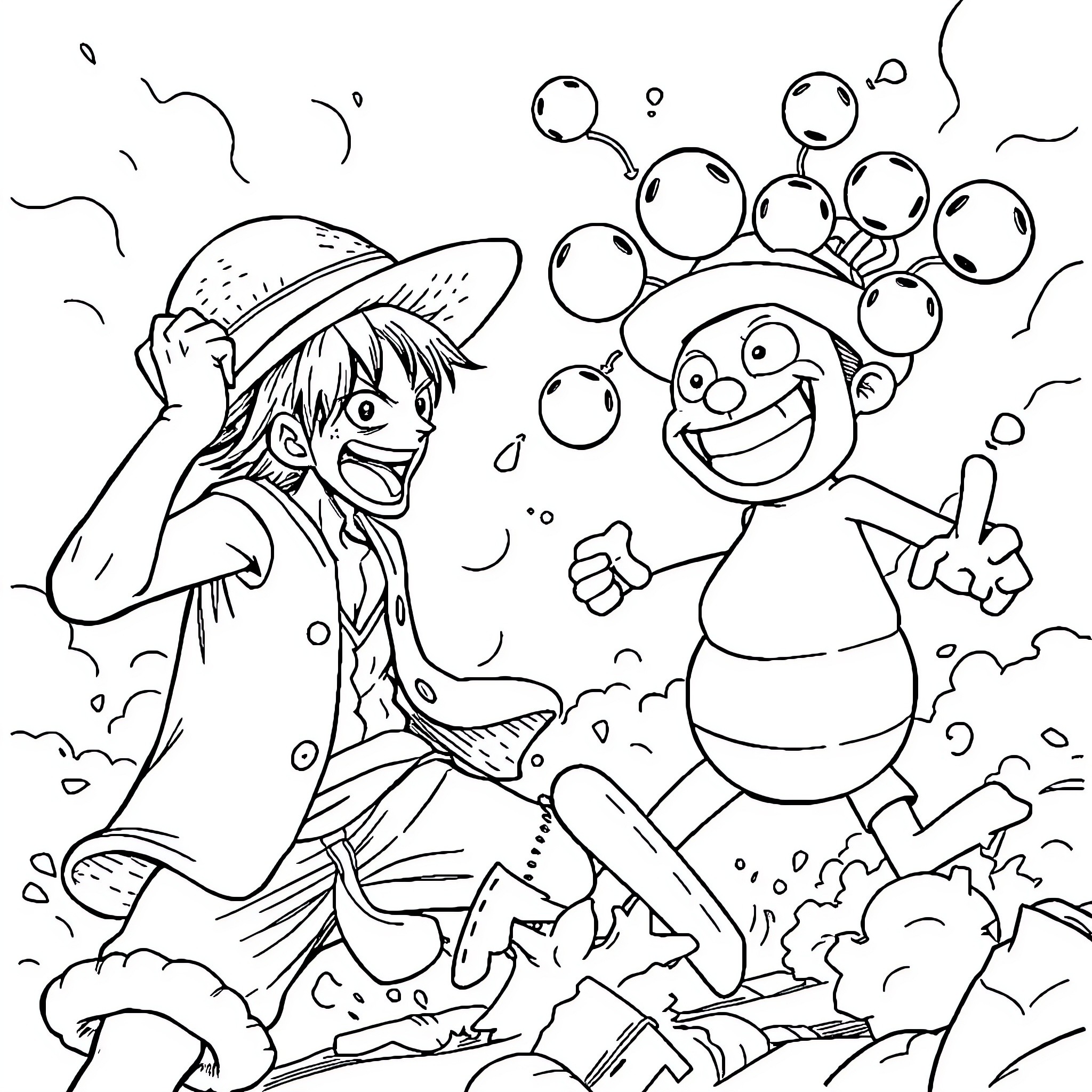 Luffy's Lively Adventure with Friendly Bubbles Coloring Page (free black-and-white line drawing printable PDF for all, from beginners to advanced learners, including children, teens, adults, and seniors)