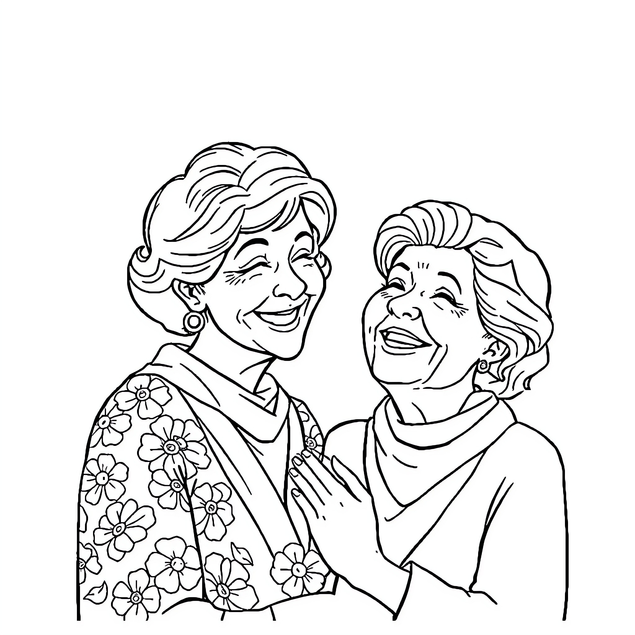 Mom Sharing Laughter and Joy with Family Coloring Page (free black-and-white line drawing printable PDF for all, from beginners to advanced learners, including children, teens, adults, and seniors)