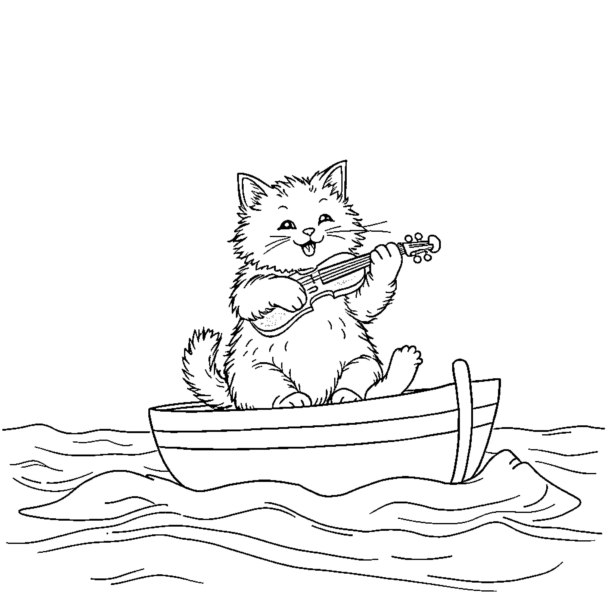 Cat sailing happily in a boat Coloring Page (free black-and-white line drawing printable PDF for all, from beginners to advanced learners, including children, teens, adults, and seniors)