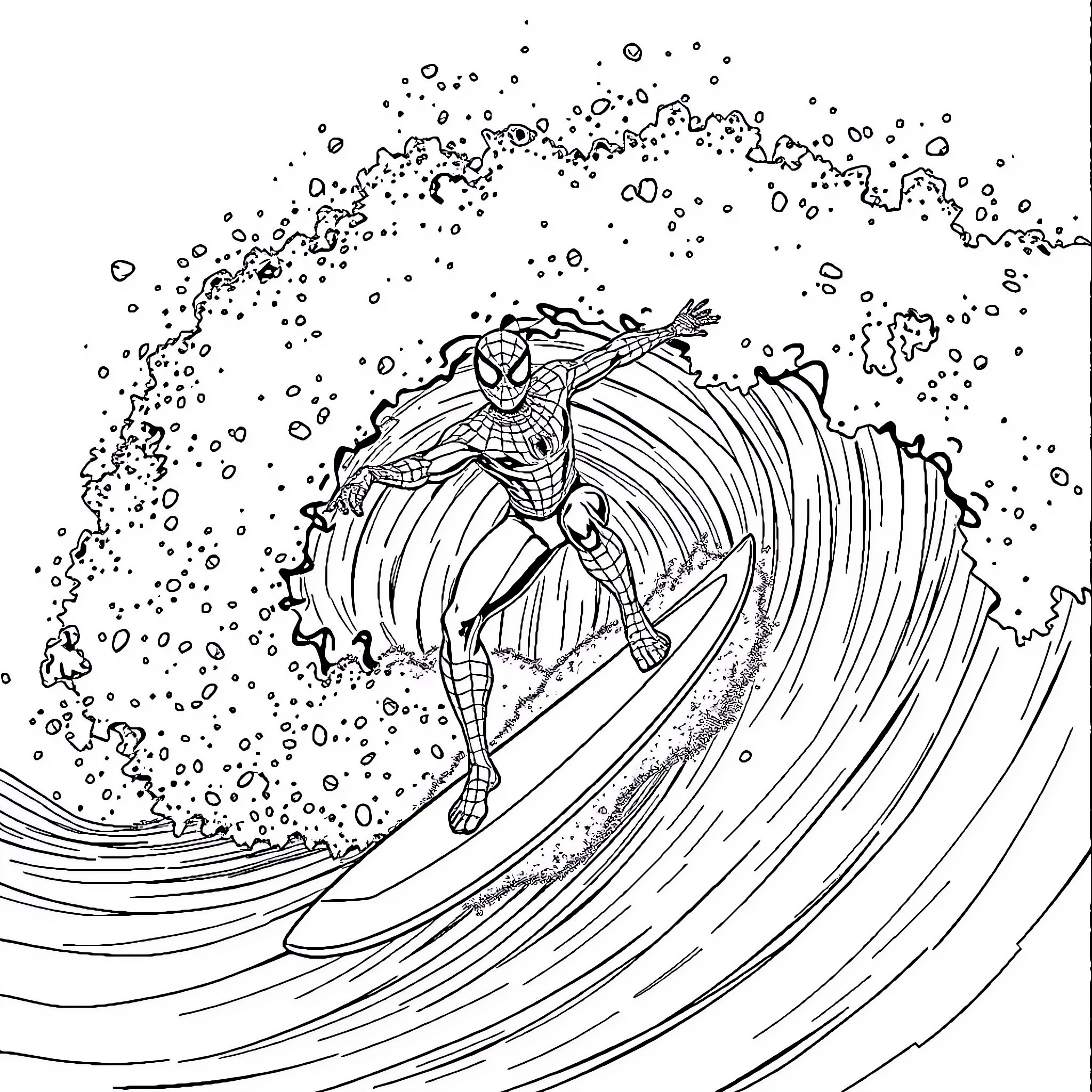 Spider-Man surfing on a giant wave Coloring Page (free black-and-white line drawing printable PDF for all, from beginners to advanced learners, including children, teens, adults, and seniors)
