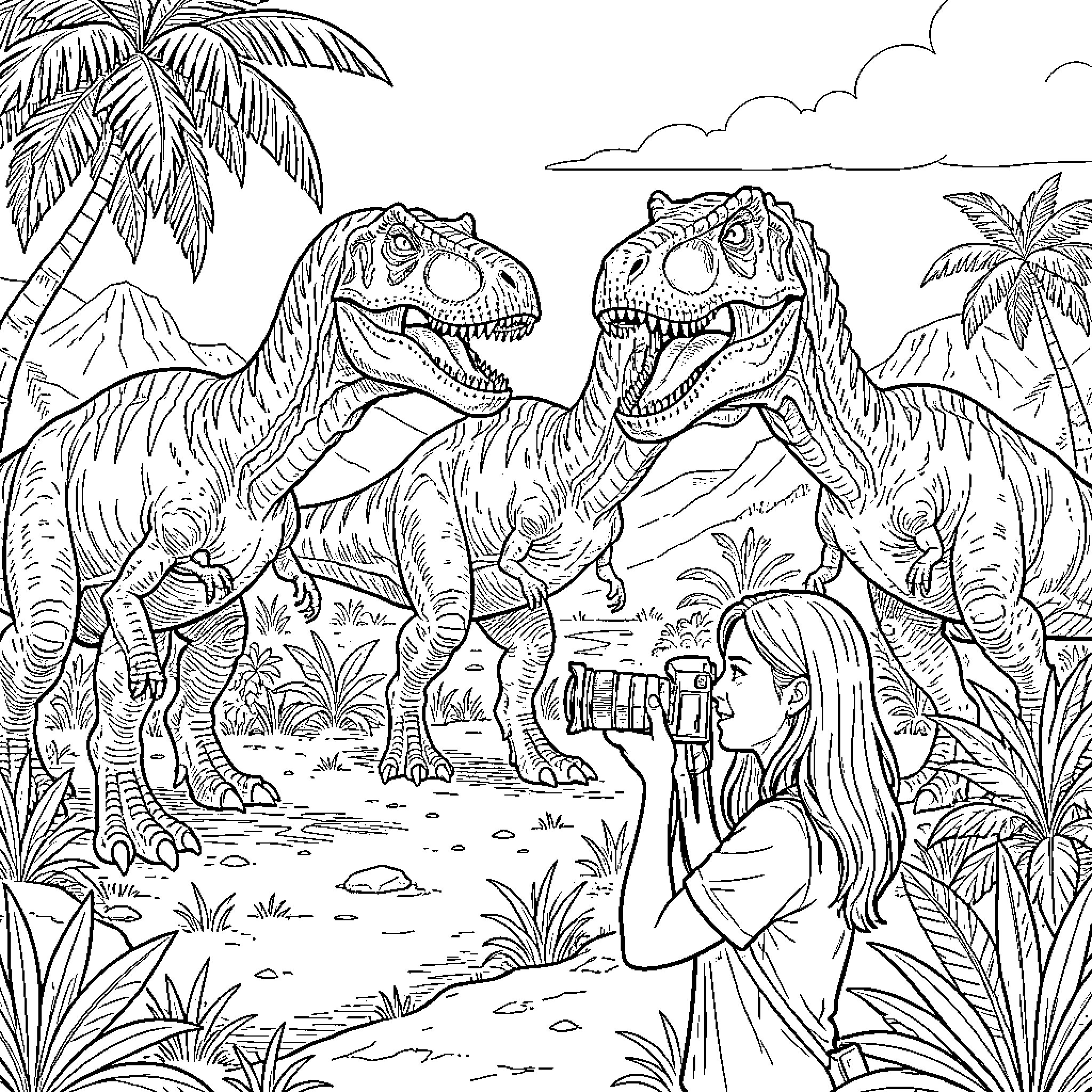Photographer captures girl encountering prehistoric dinosaurs Coloring Page (free black-and-white line drawing printable PDF for all, from beginners to advanced learners, including children, teens, adults, and seniors)