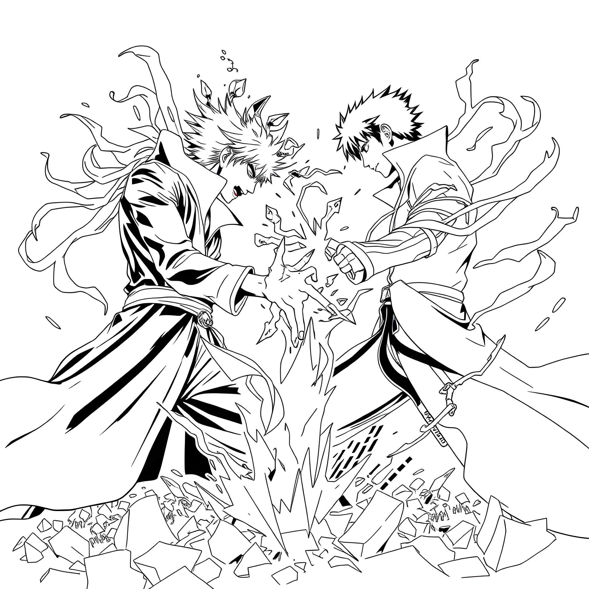 Aizen's Dramatic Clash with Powerful Foe Coloring Page (free black-and-white line drawing printable PDF for all, from beginners to advanced learners, including children, teens, adults, and seniors)
