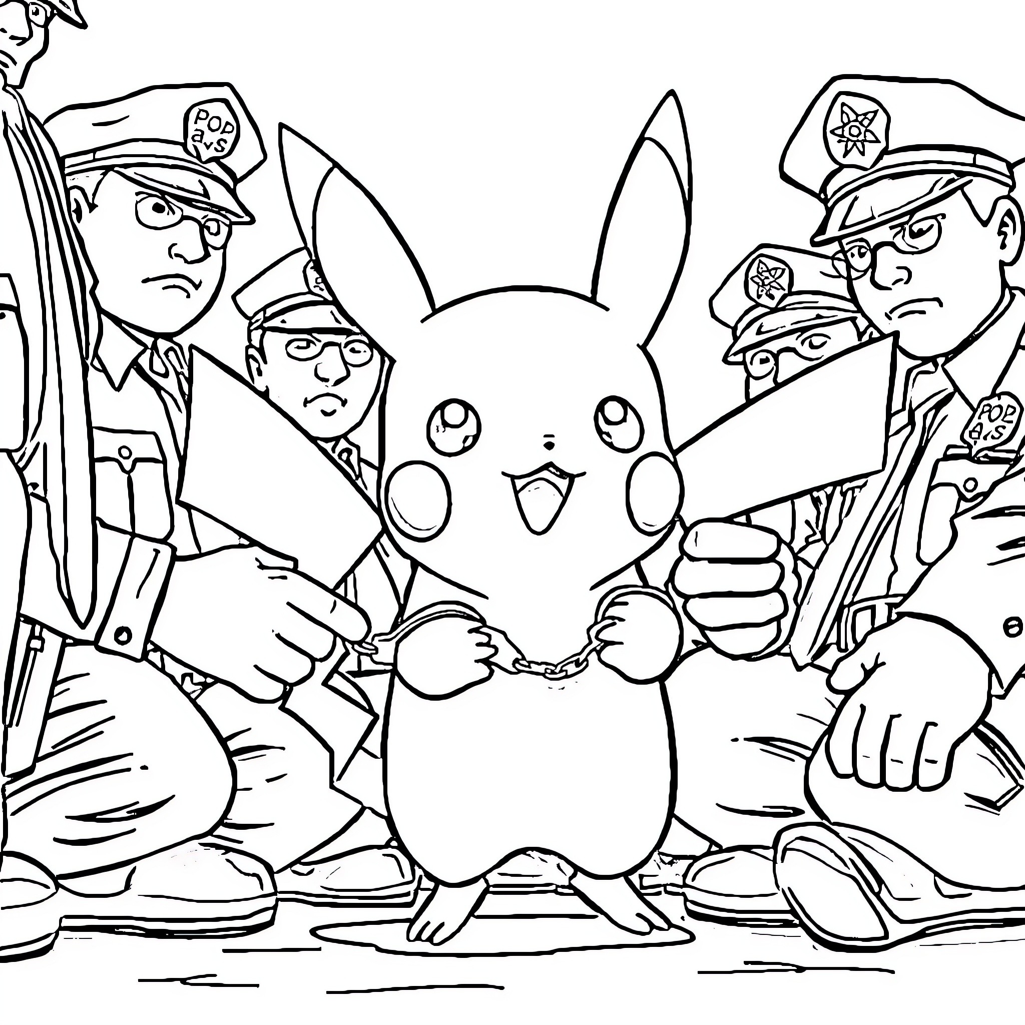 Pikachu surrounded by police officers Coloring Page (free black-and-white line drawing printable PDF for all, from beginners to advanced learners, including children, teens, adults, and seniors)