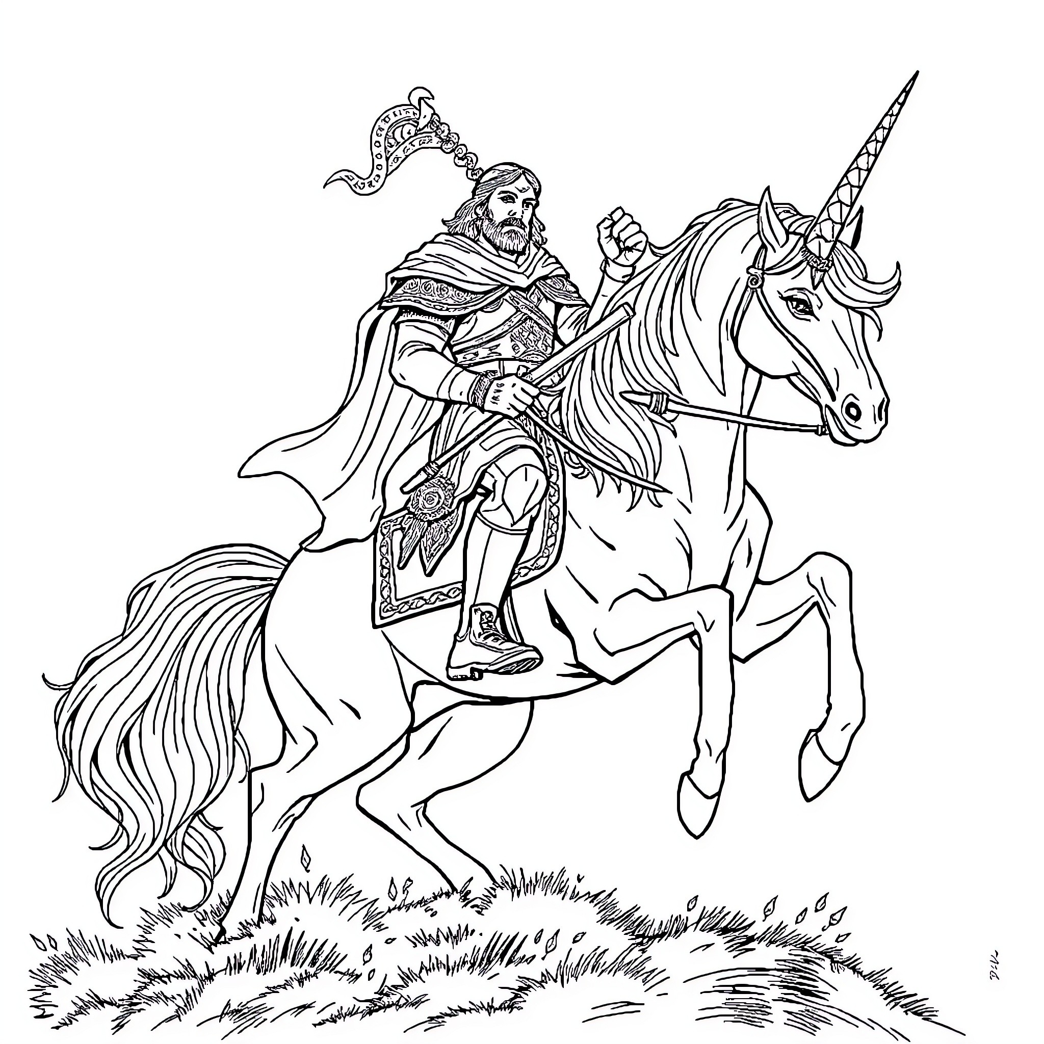 Unicorn Rider in Regal Attire on Mythical Steed Coloring Page (free black-and-white line drawing printable PDF for all, from beginners to advanced learners, including children, teens, adults, and seniors)