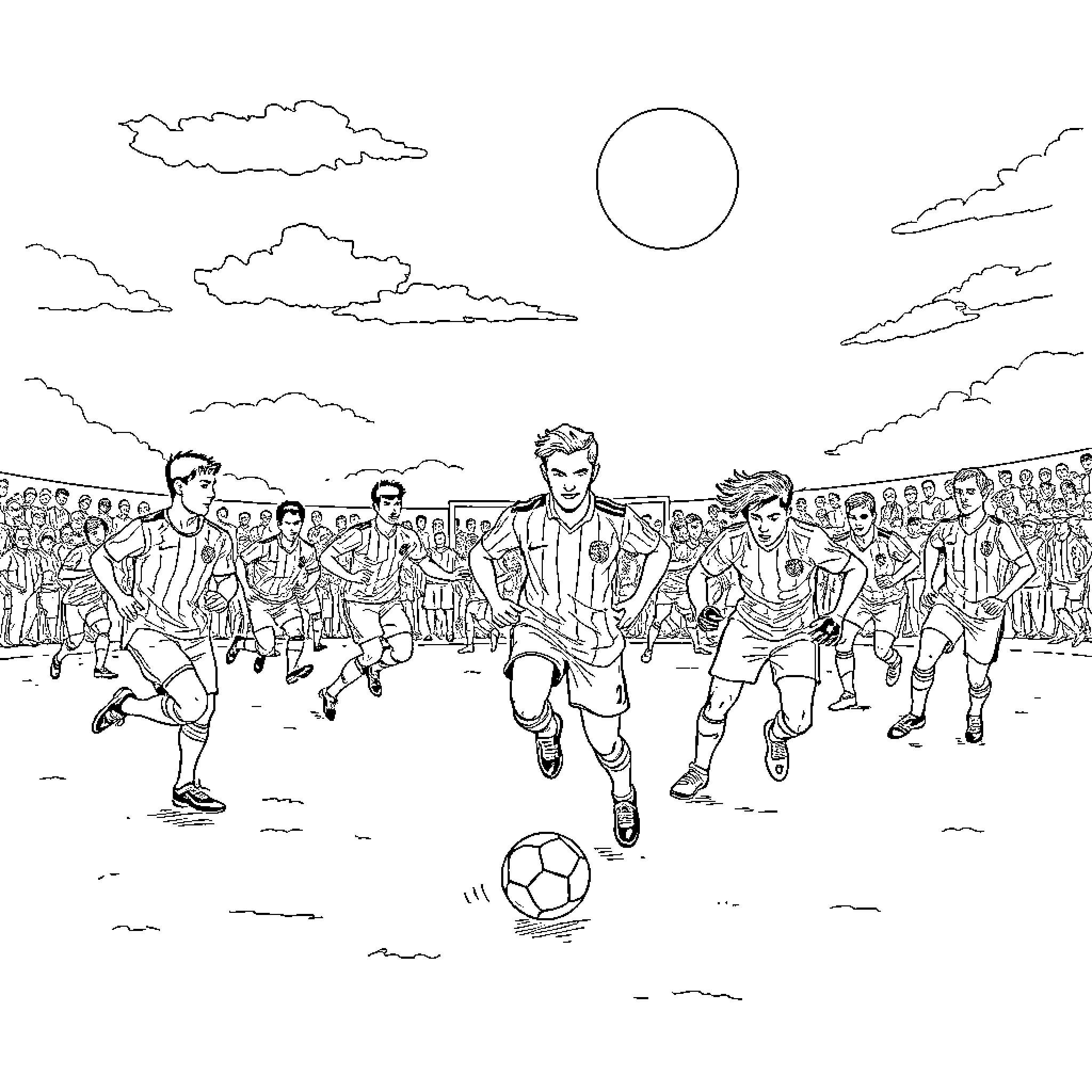 Soccer Legend Leads Team to Victory on Field Coloring Page (free black-and-white line drawing printable PDF for all, from beginners to advanced learners, including children, teens, adults, and seniors)