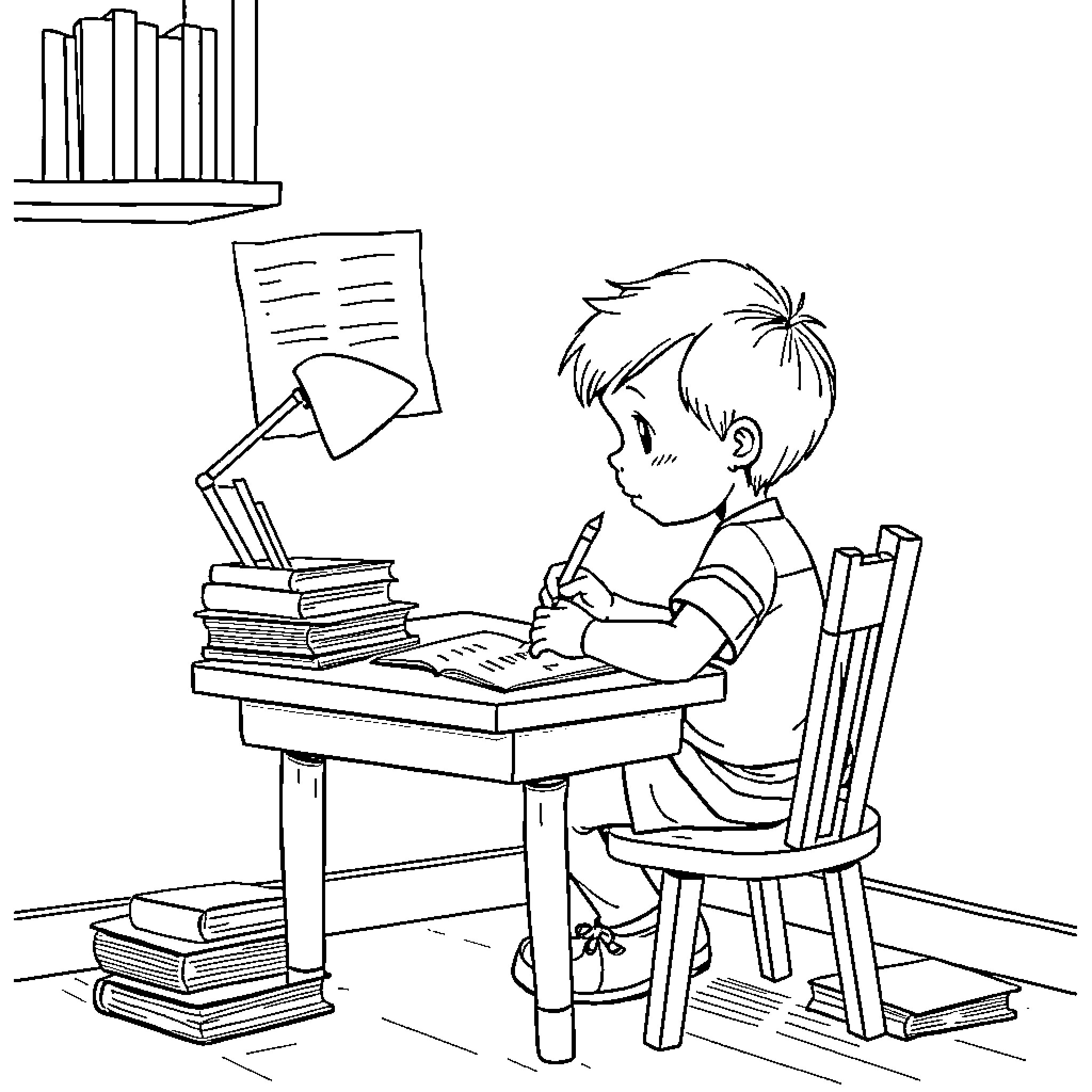 Child studying intently at desk Coloring Page (free black-and-white line drawing printable PDF for all, from beginners to advanced learners, including children, teens, adults, and seniors)