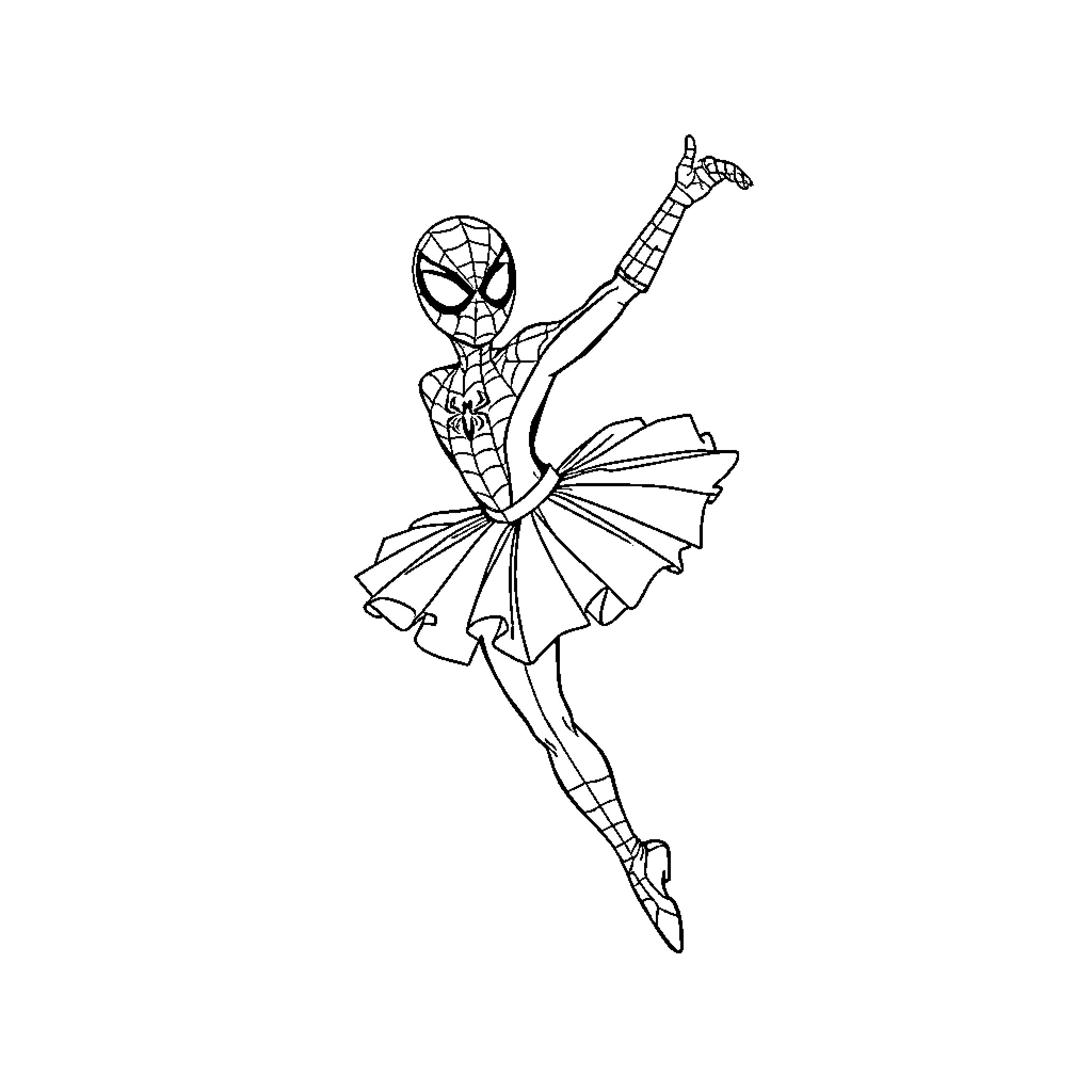 Spiderman performing ballet dance Coloring Page (free black-and-white line drawing printable PDF for all, from beginners to advanced learners, including children, teens, adults, and seniors)
