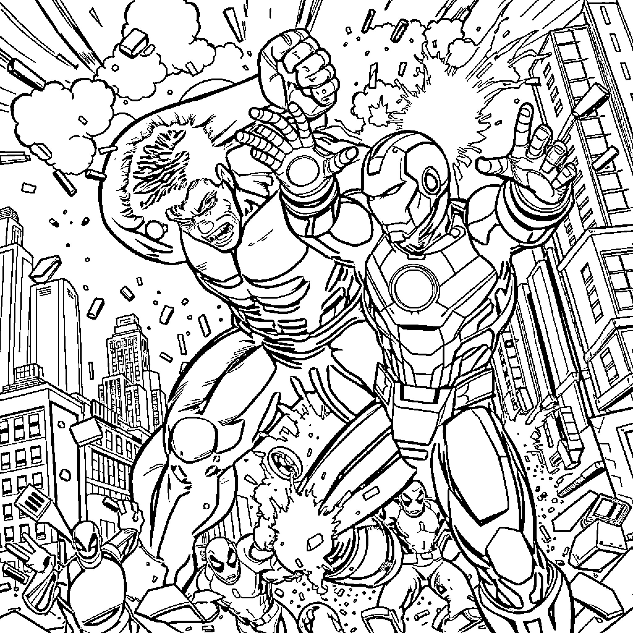 Ironman fighting heroically against villains in the city Coloring Page (free black-and-white line drawing printable PDF for all, from beginners to advanced learners, including children, teens, adults, and seniors)