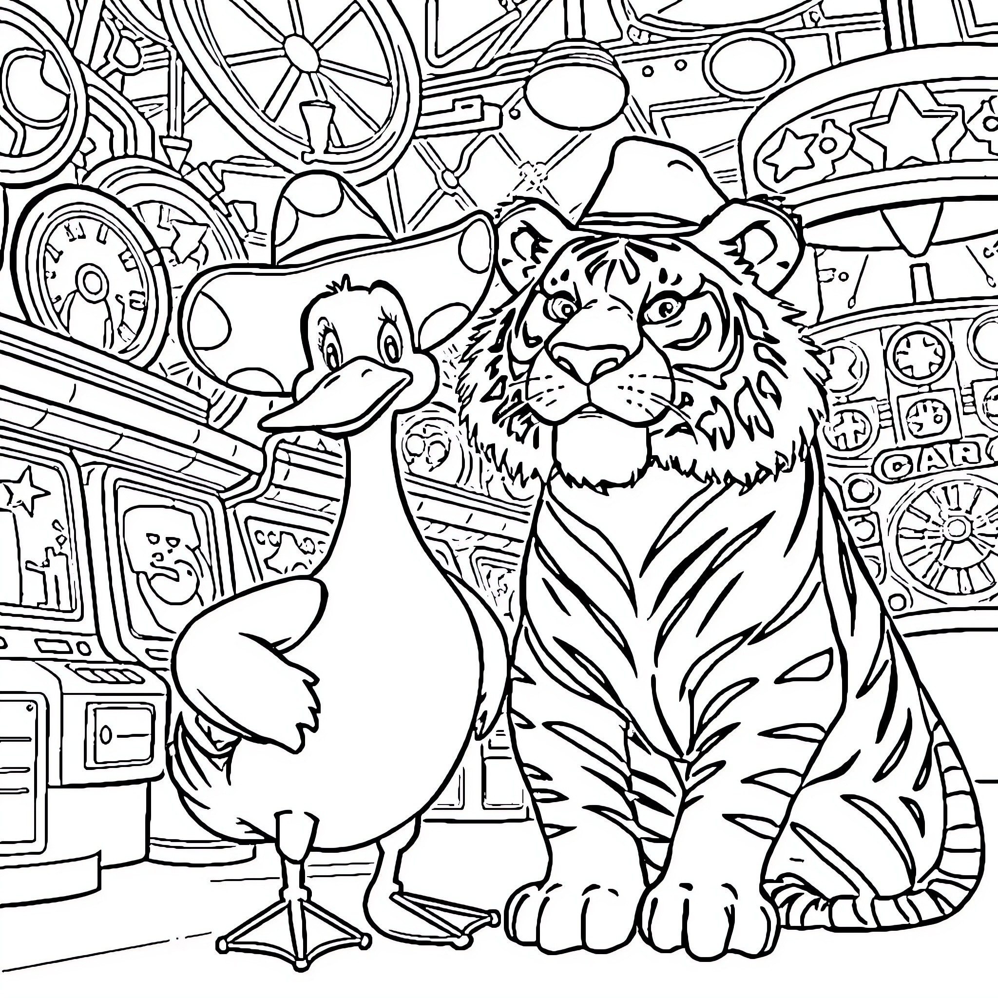 Duck and tiger exploring a mechanical wonderland Coloring Page (free black-and-white line drawing printable PDF for all, from beginners to advanced learners, including children, teens, adults, and seniors)