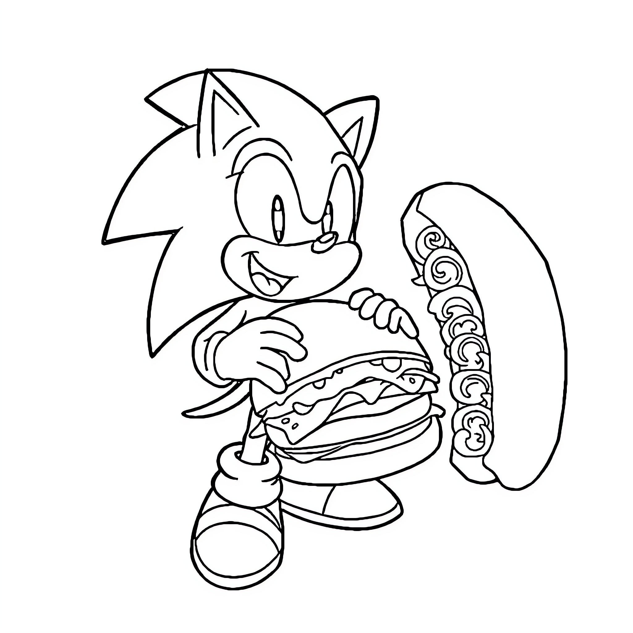 Sonic Enjoying a Tasty Burger Coloring Page (free black-and-white line drawing printable PDF for all, from beginners to advanced learners, including children, teens, adults, and seniors)