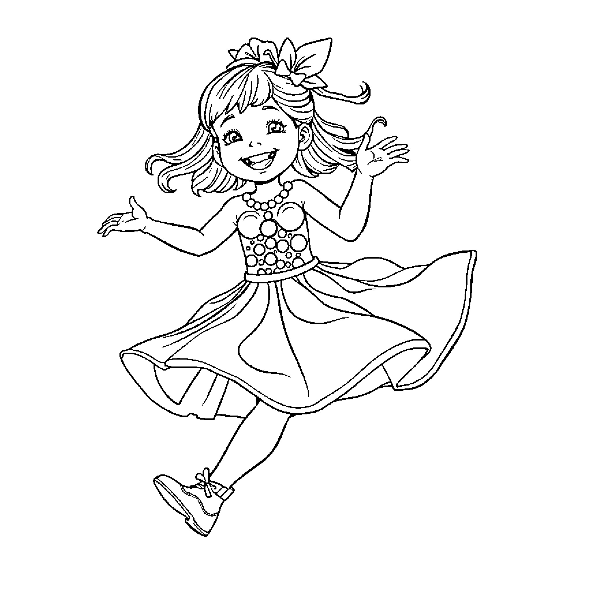 Girl happily dancing in a colorful dress Coloring Page (free black-and-white line drawing printable PDF for all, from beginners to advanced learners, including children, teens, adults, and seniors)