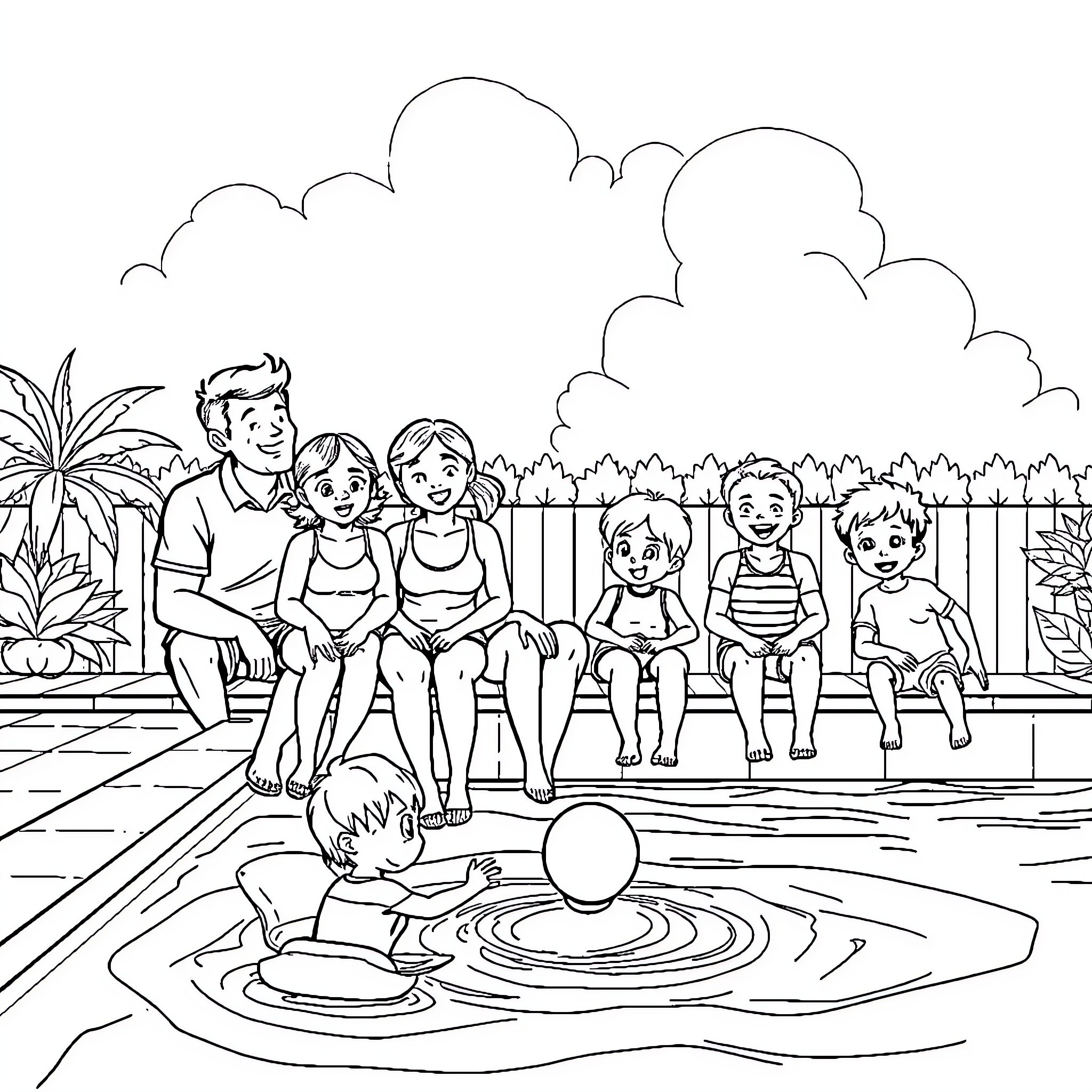 Family Enjoying Time Together at the Pool Coloring Page (free black-and-white line drawing printable PDF for all, from beginners to advanced learners, including children, teens, adults, and seniors)