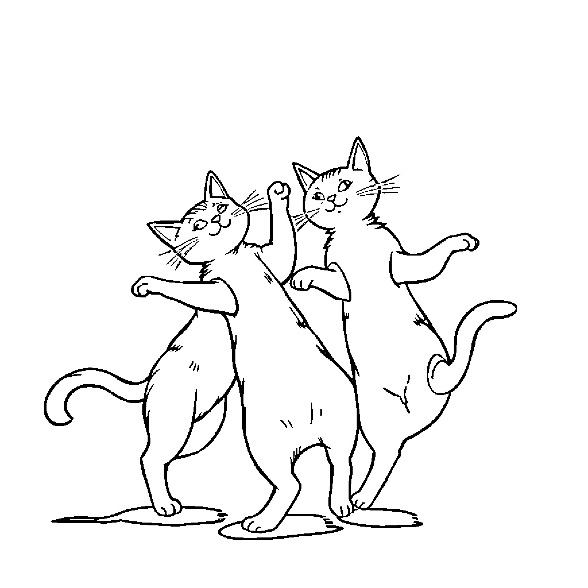 Cats playing together in a playful scene Coloring Page (free black-and-white line drawing printable PDF for all, from beginners to advanced learners, including children, teens, adults, and seniors)