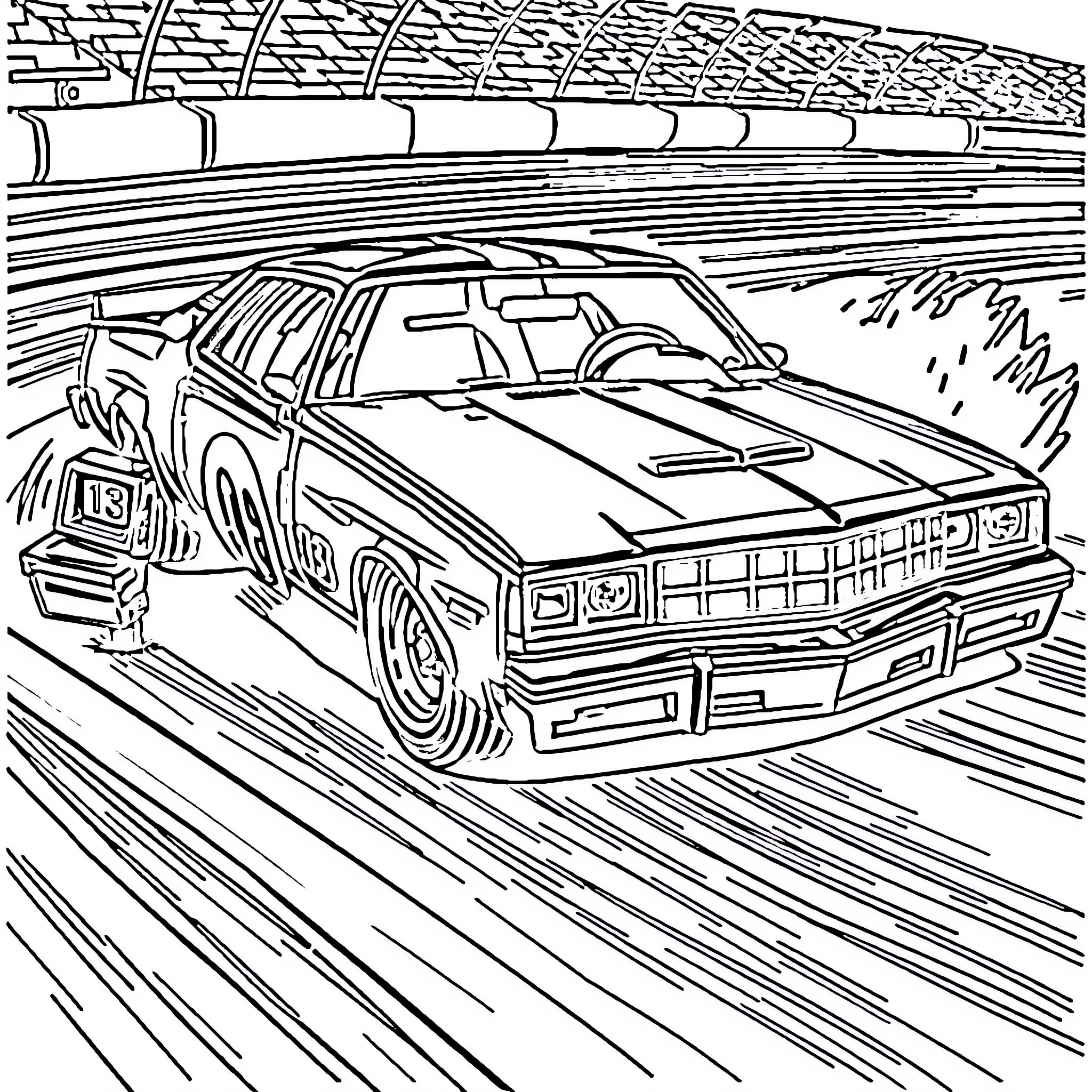 Plymouth Volare speeding on a race track Coloring Page (free black-and-white line drawing printable PDF for all, from beginners to advanced learners, including children, teens, adults, and seniors)