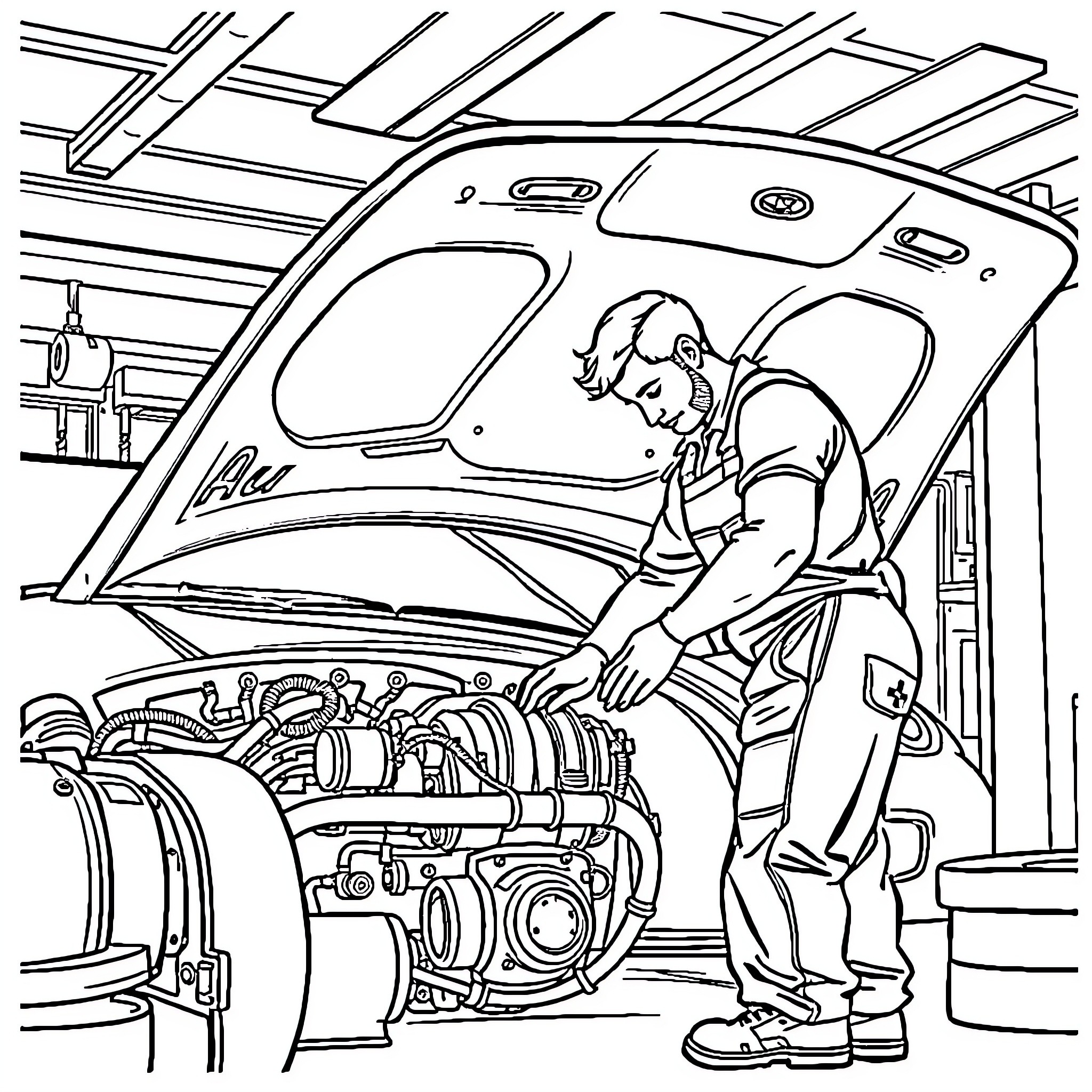 Mechanic Examining Car Engine Closely Coloring Page (free black-and-white line drawing printable PDF for all, from beginners to advanced learners, including children, teens, adults, and seniors)