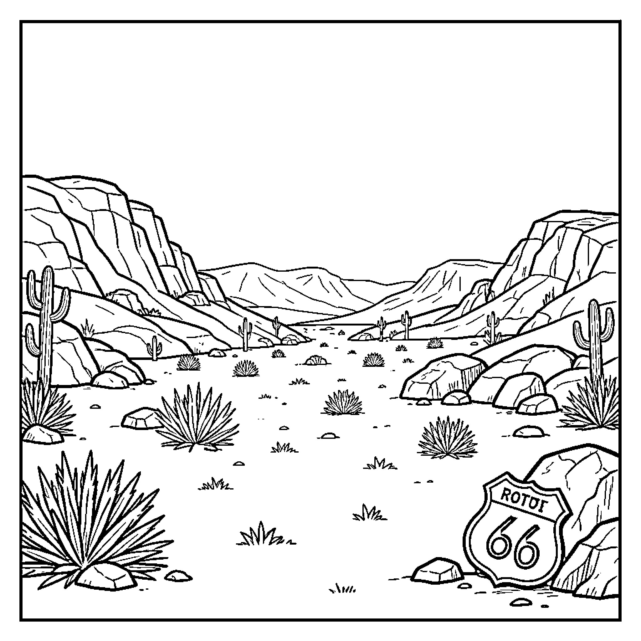 Route 66 landscape featuring desert mountains and cacti Coloring Page (free black-and-white line drawing printable PDF for all, from beginners to advanced learners, including children, teens, adults, and seniors)