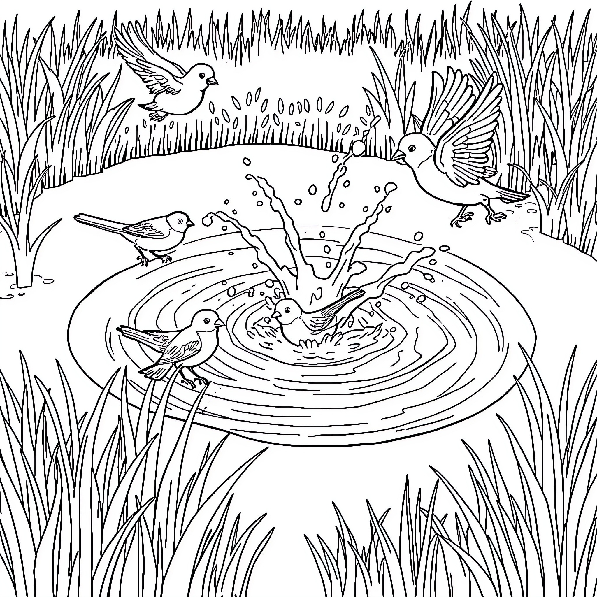 Birds bathing in the watering hole Coloring Page (free black-and-white line drawing printable PDF for all, from beginners to advanced learners, including children, teens, adults, and seniors)