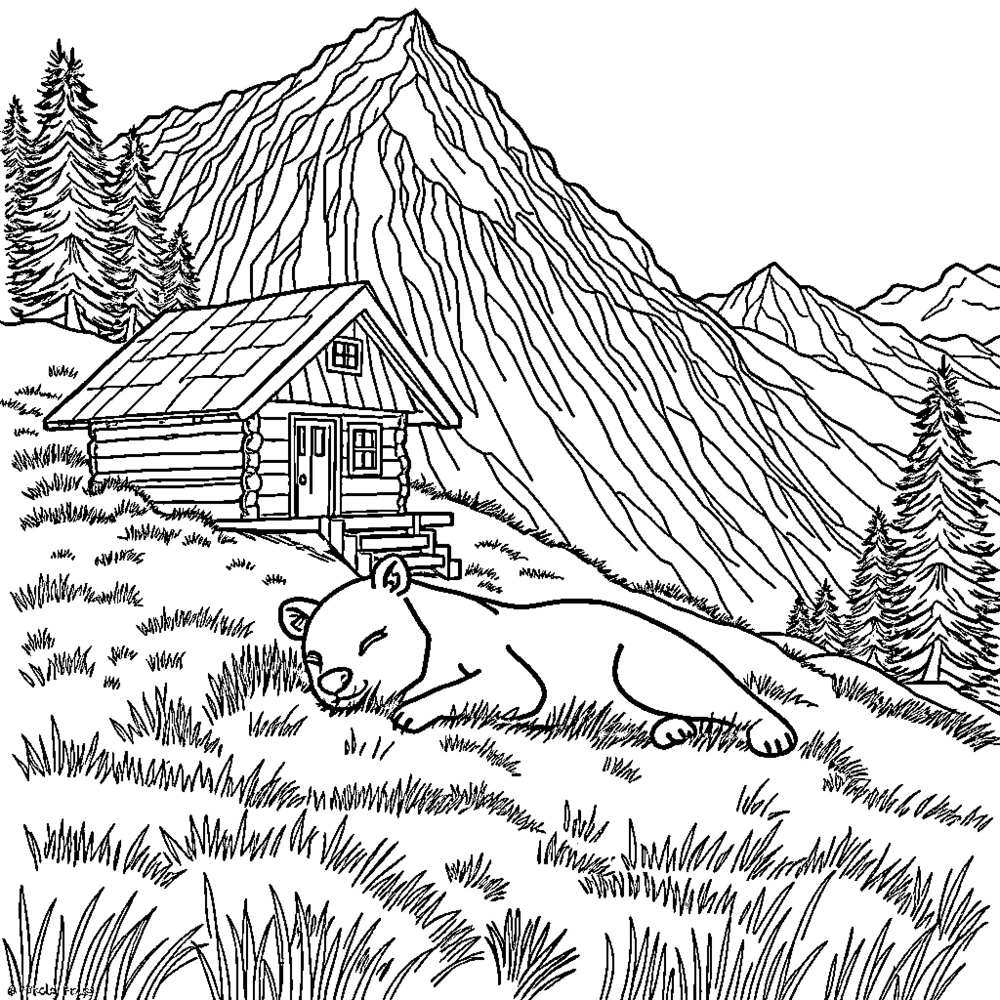 Creature sleeping peacefully in serene mountain landscape Coloring Page (free black-and-white line drawing printable PDF for all, from beginners to advanced learners, including children, teens, adults, and seniors)