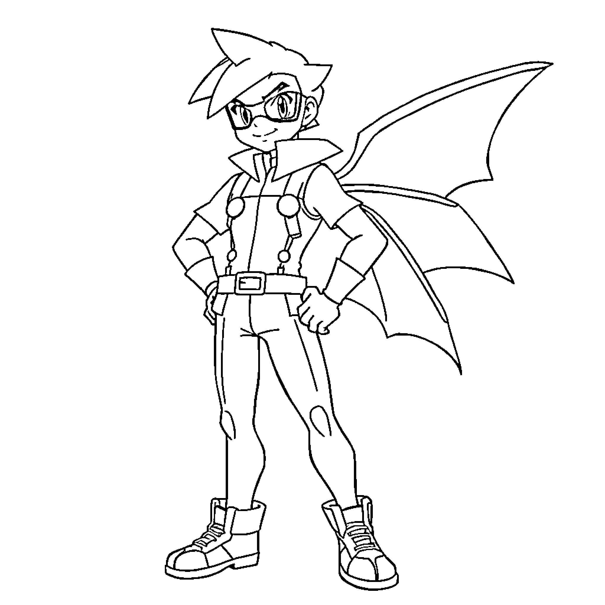 Robin in heroic pose with wings Coloring Page (free black-and-white line drawing printable PDF for all, from beginners to advanced learners, including children, teens, adults, and seniors)