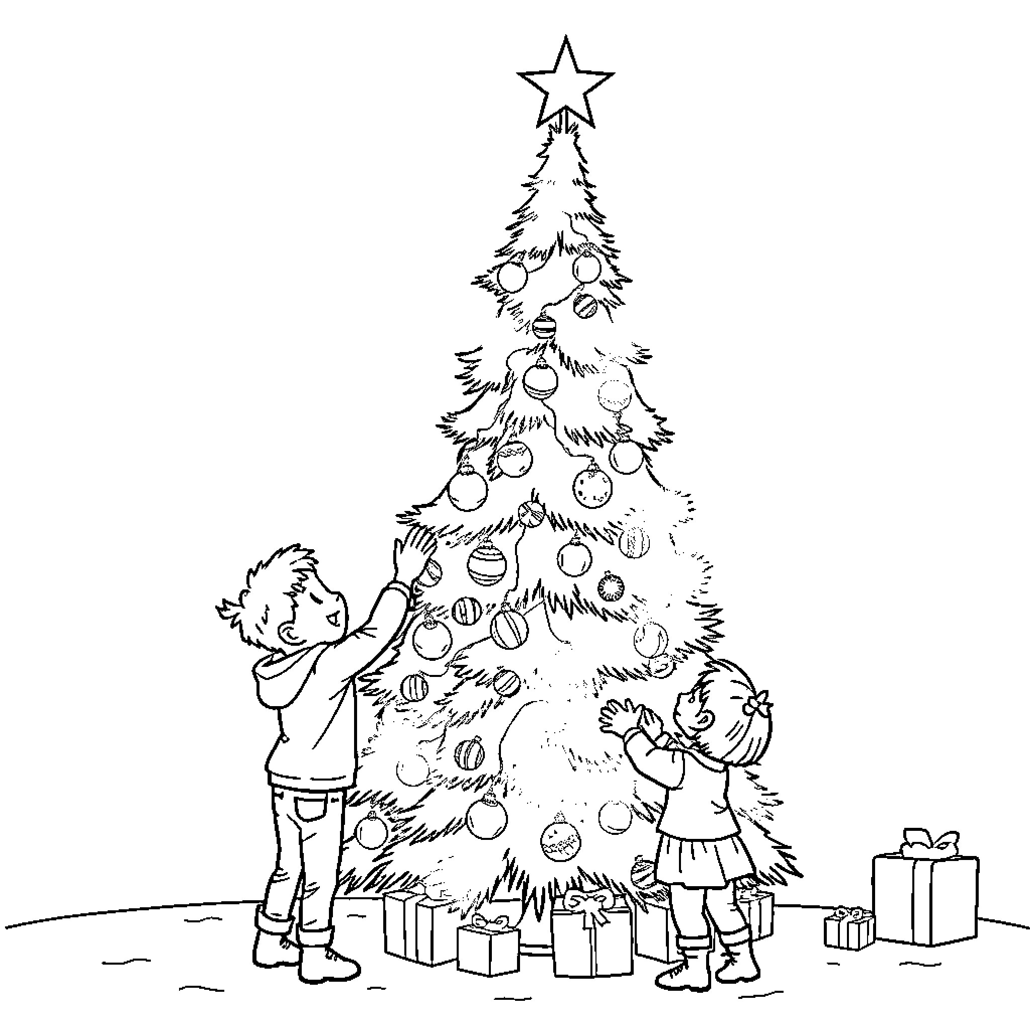 Kids decorating Christmas tree together Coloring Page (free black-and-white line drawing printable PDF for all, from beginners to advanced learners, including children, teens, adults, and seniors)