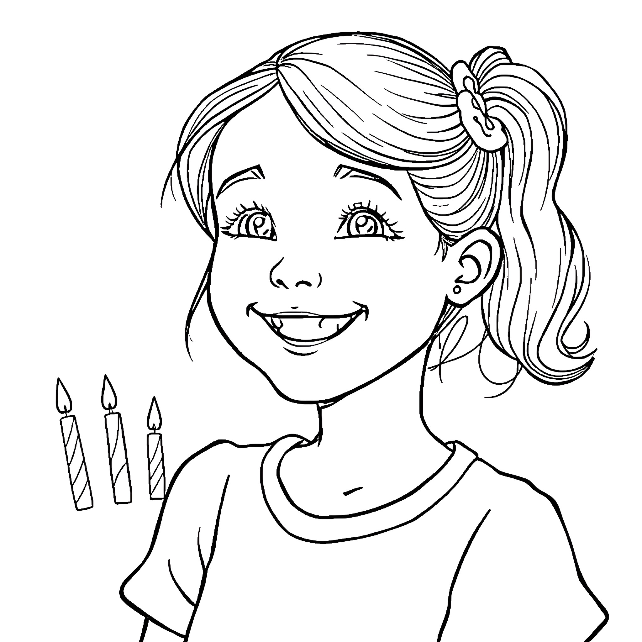 Girl with Cheerful Smile and Birthday Candles Coloring Page (free black-and-white line drawing printable PDF for all, from beginners to advanced learners, including children, teens, adults, and seniors)