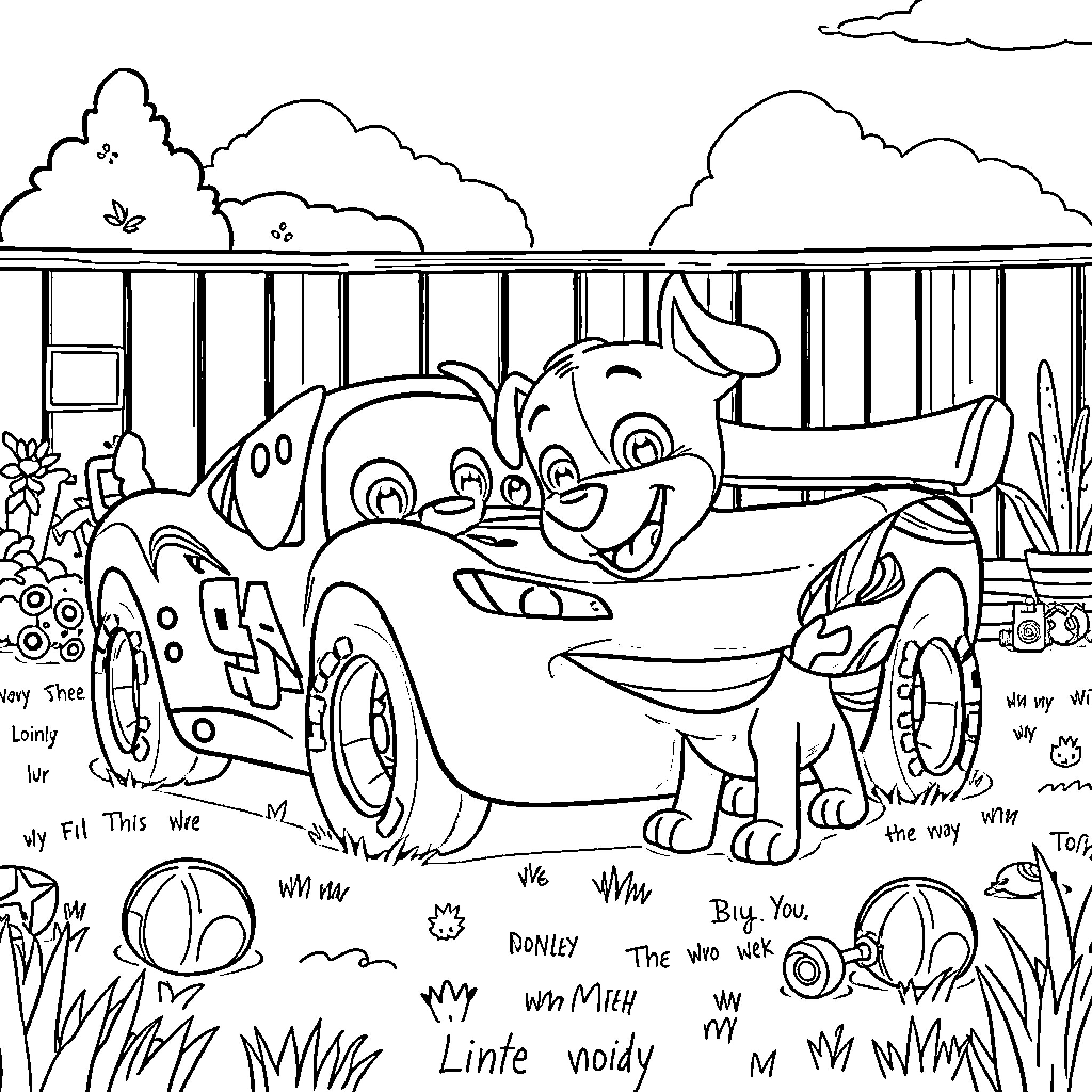 Lightning McQueen and his friends in a playful scene Coloring Page (free black-and-white line drawing printable PDF for all, from beginners to advanced learners, including children, teens, adults, and seniors)